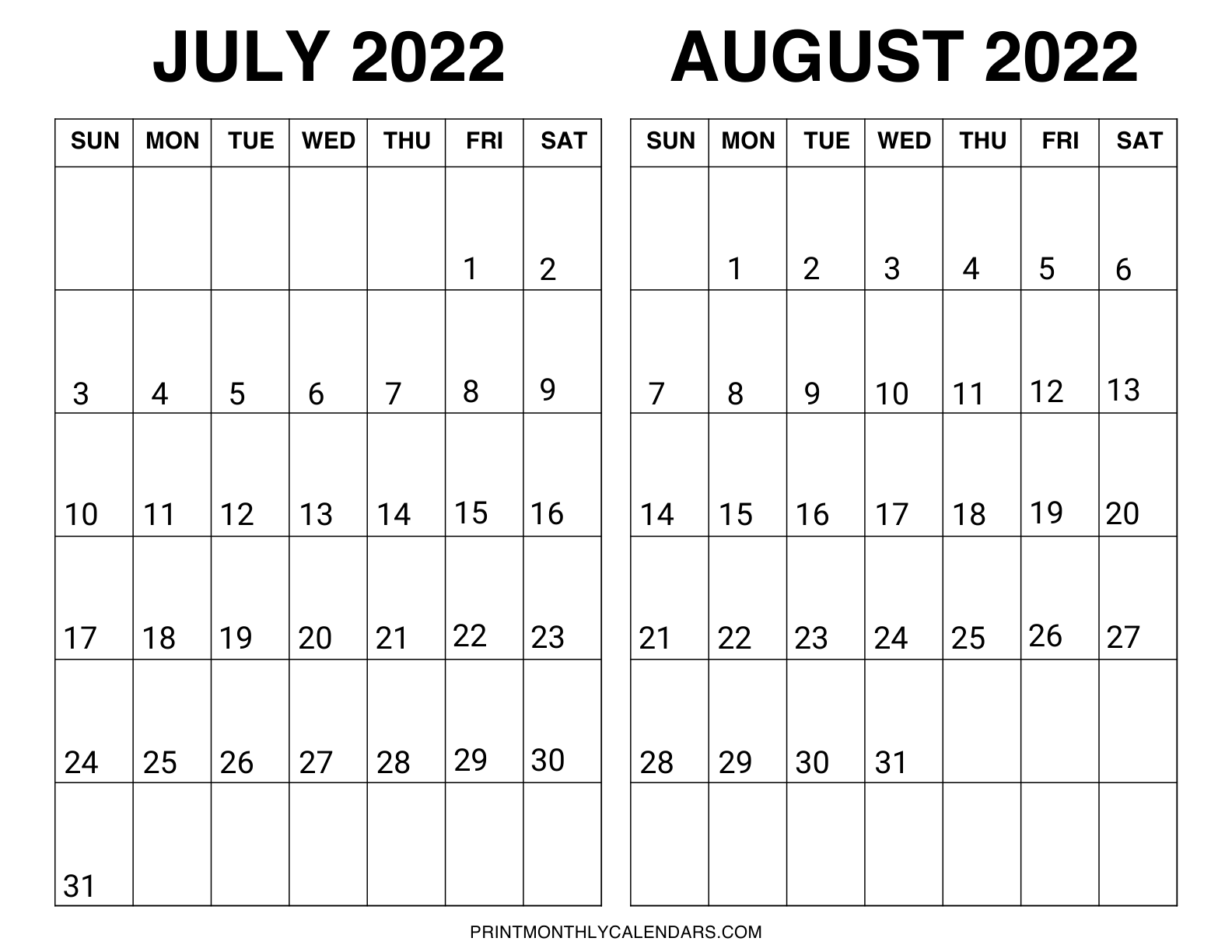 July August 2022 calendar template with weekdays starting from Sunday. Template is designed in landscape layout on one page with bold monthly dates in the grid.