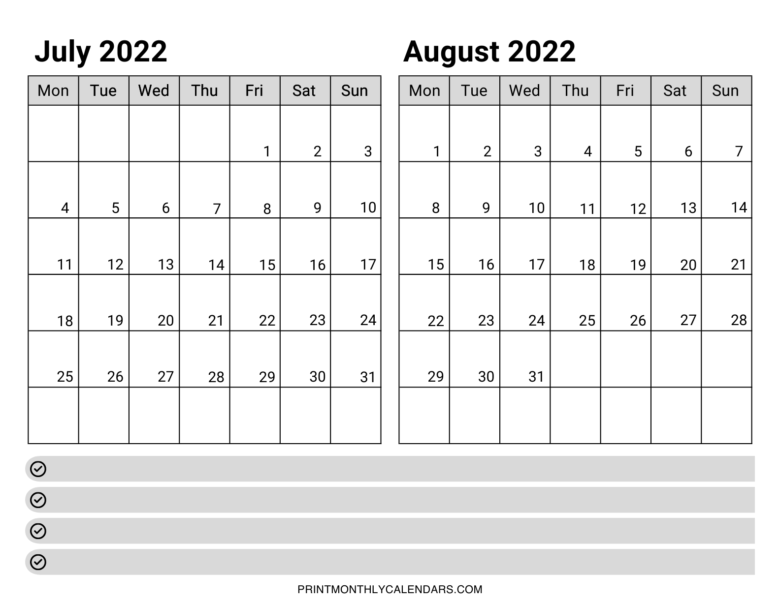 Two-month calendar for July and August with blank notes section. The calendar is designed in a landscape format, with a notes section at the bottom in the shape of rows.
