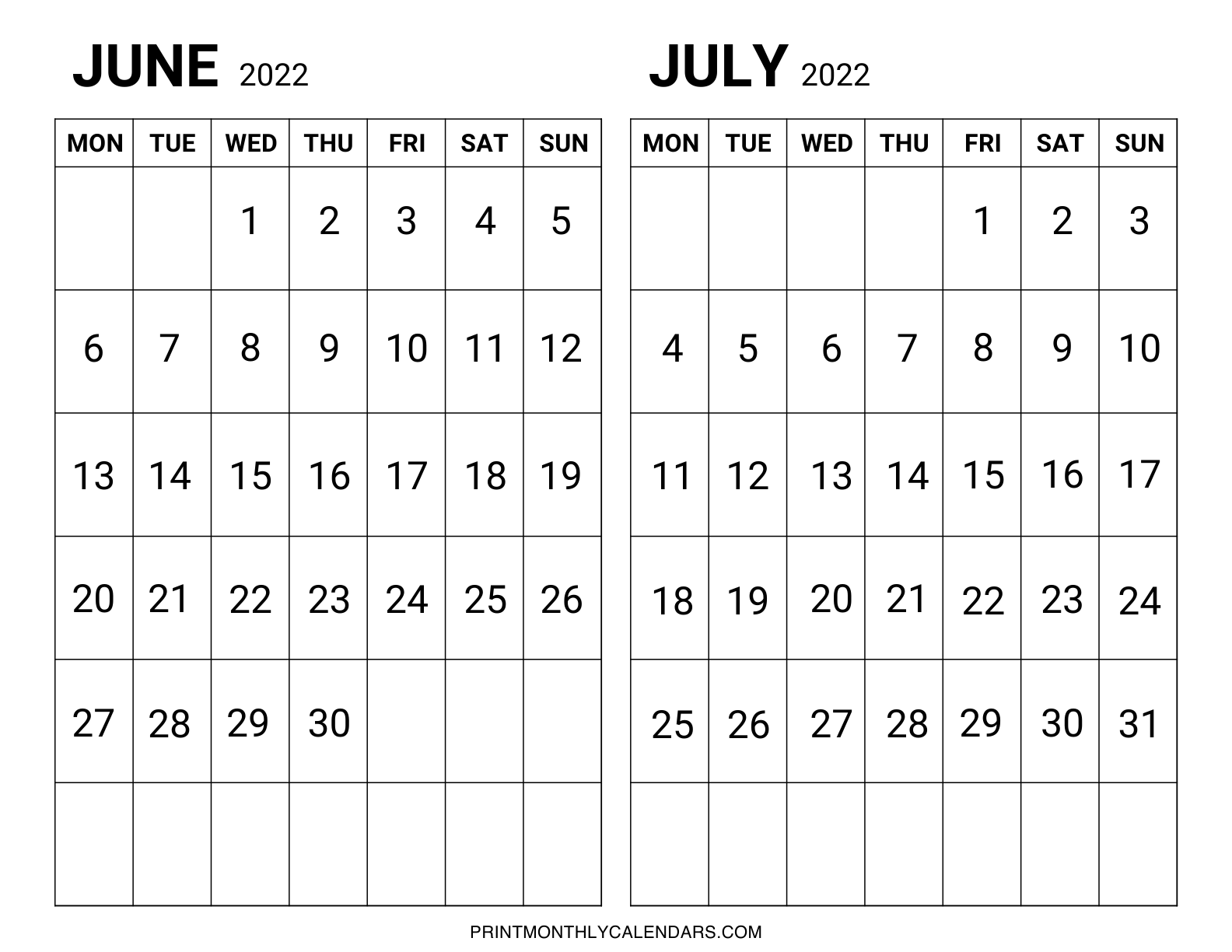 The June and July 2022 two-month calendar template is created in a horizontal layout on one page. Monday is the first day of the week on the calendar.