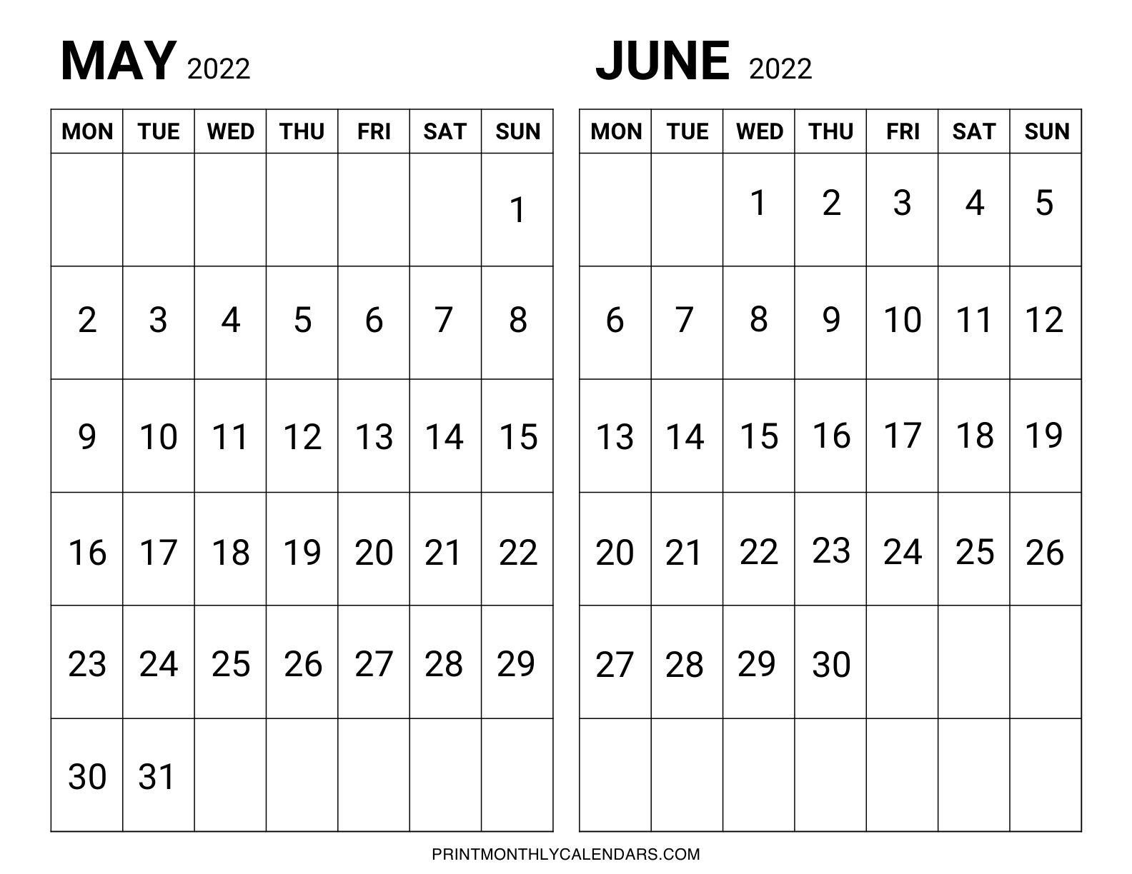 Two-month calendar template for May and June 2022, with weekdays starting from Monday. The calendar template has a one-page landscape layout with bold monthly dates.