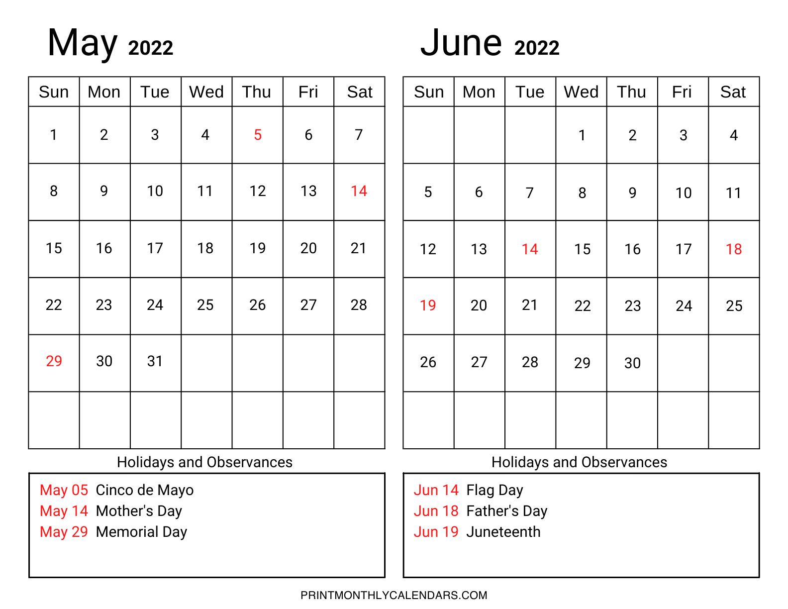 Calendar template for May and June 2022, including a list of US holidays and observances. The template's layout is landscape, and weekdays start from Sunday.