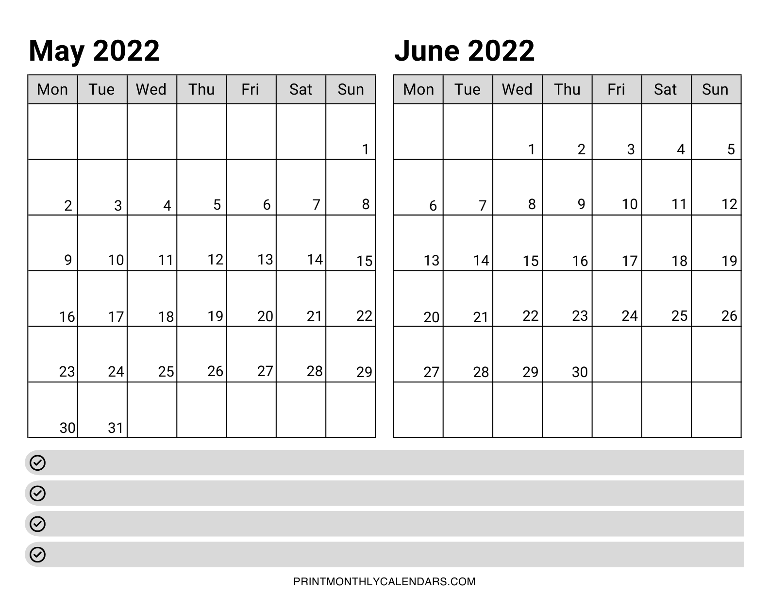 Monday start May June 2022 calendar template with a blank notes section at the bottom to write important days, dates, monthly events, schedules, goals, and appointments.
