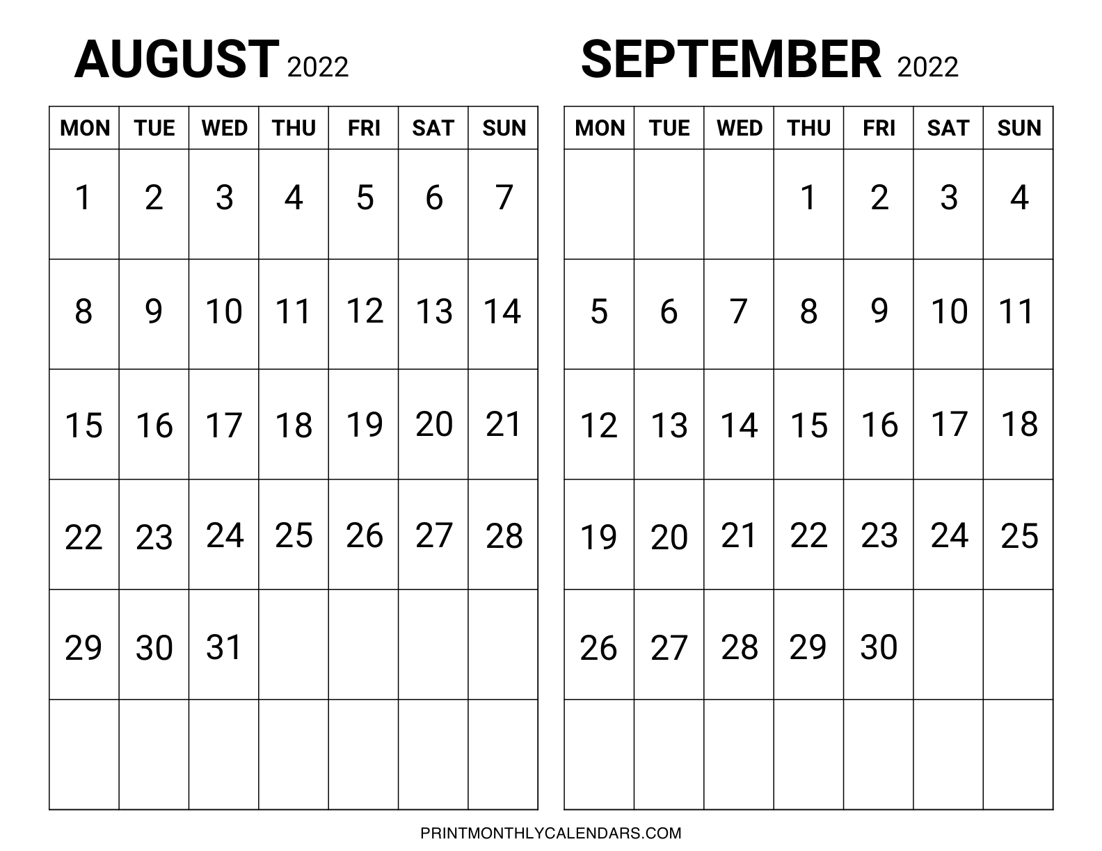 Calendar grids are arranged in a landscape layout with month headings at the top of the two-month August and September 2022 calendar design. Weekdays begin on Monday rather than Sunday, and the one-page calendar design includes bold monthly dates.