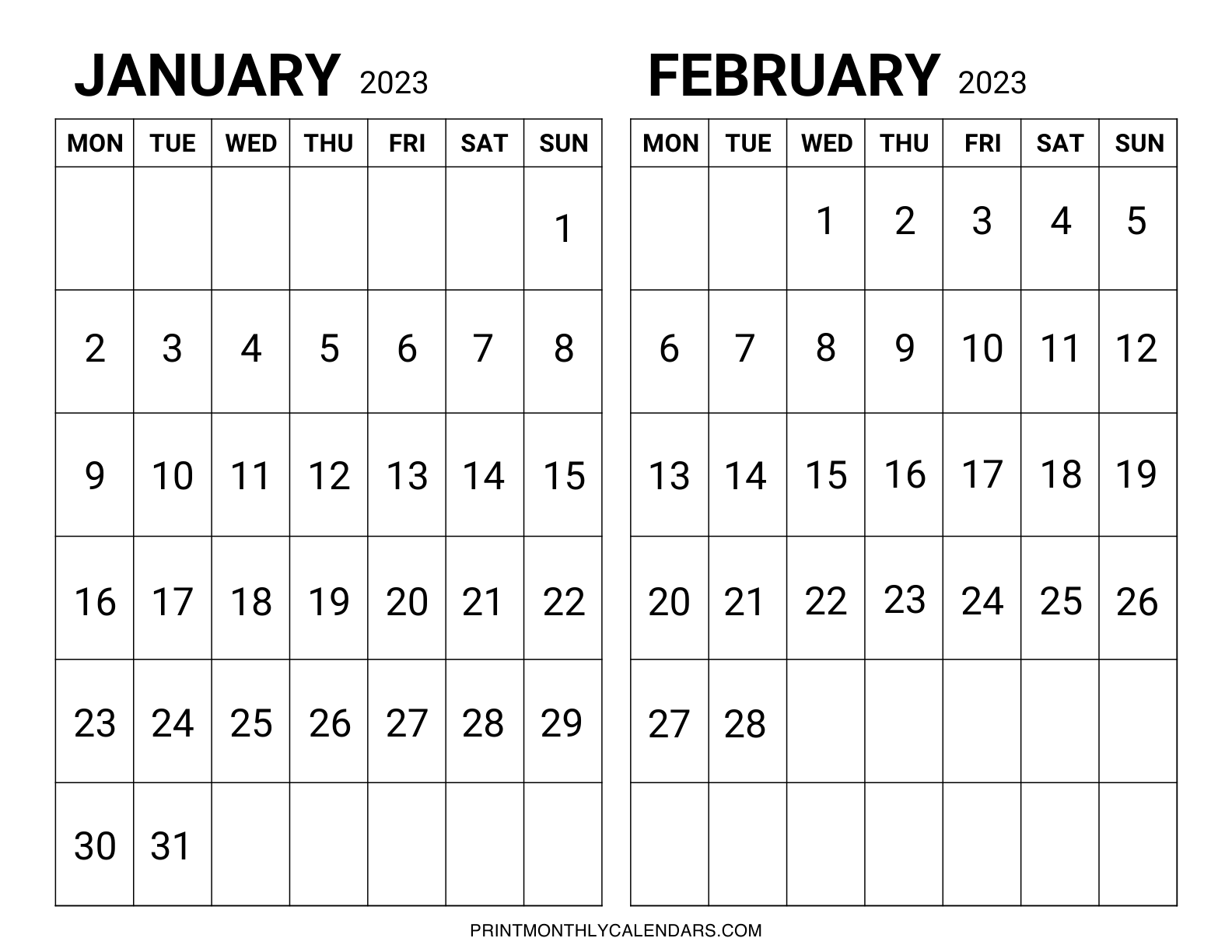 January February 2023 Calendar template with Weekdays starting from Monday instead of Sunday. 2 month grids are arranged on one page in horizontal layout.