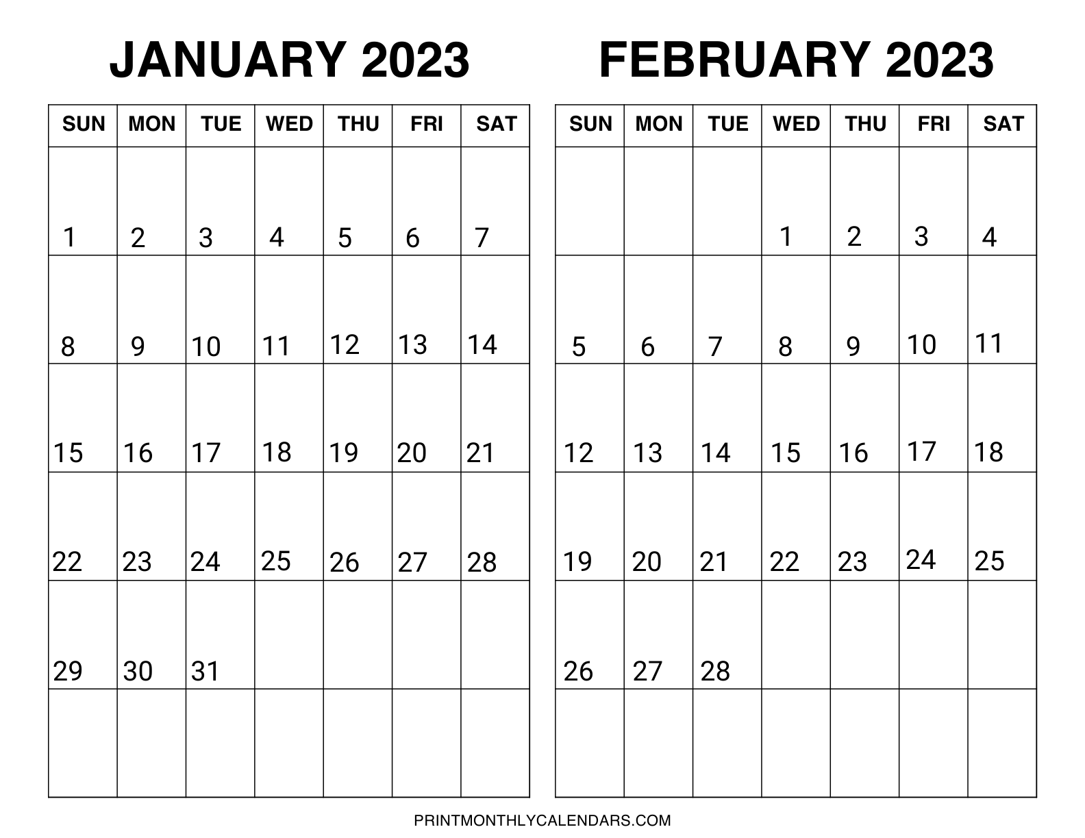 Starts on Sundays in January and February 2023. Weekdays begin on Sunday rather than Monday in this calendar template. Two month grids are organized in a horizontal layout on one page.