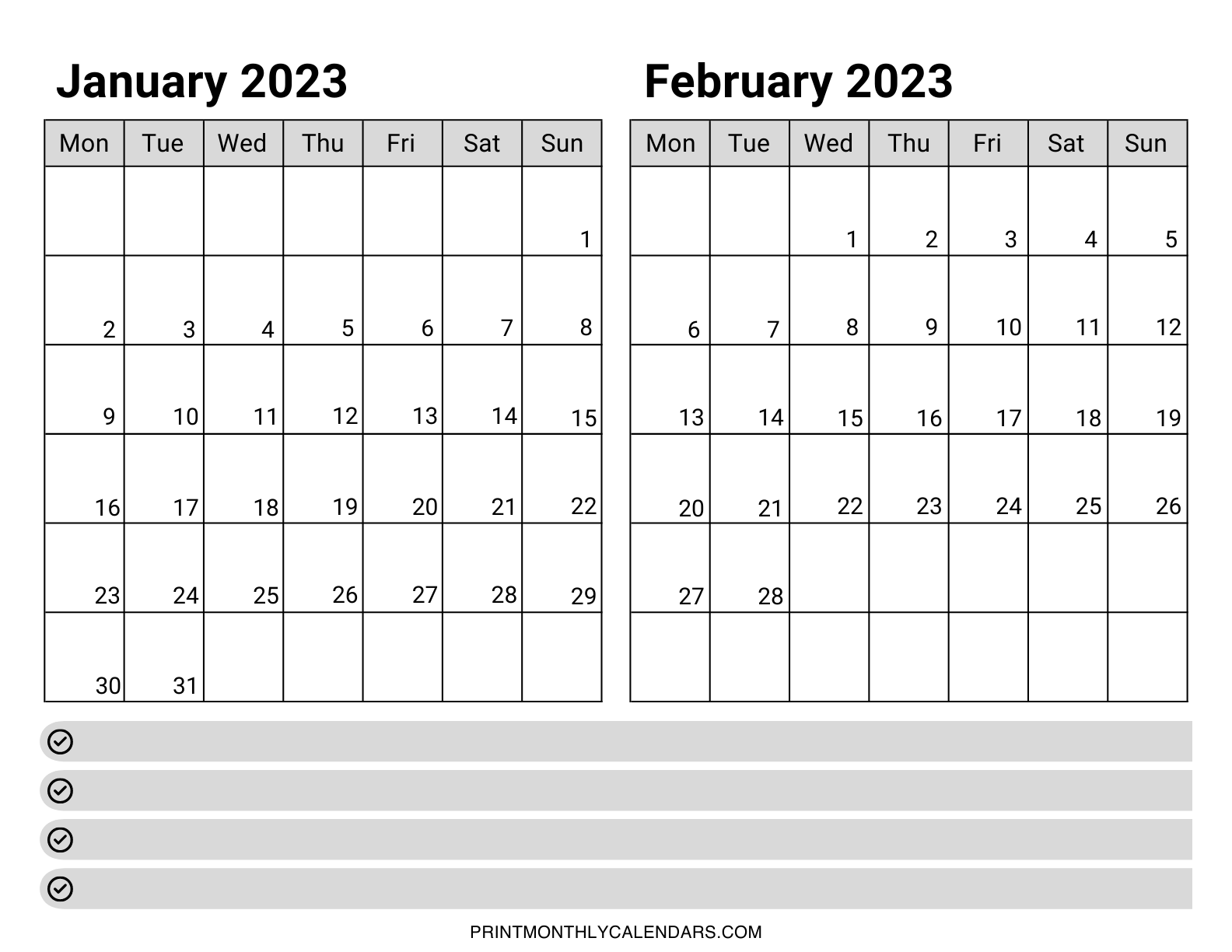 The calendar grid for January to February 2023 is written out horizontally on one page. Blank rows are provided at the bottom of the design for writing down notes, schedules, events, and dates.