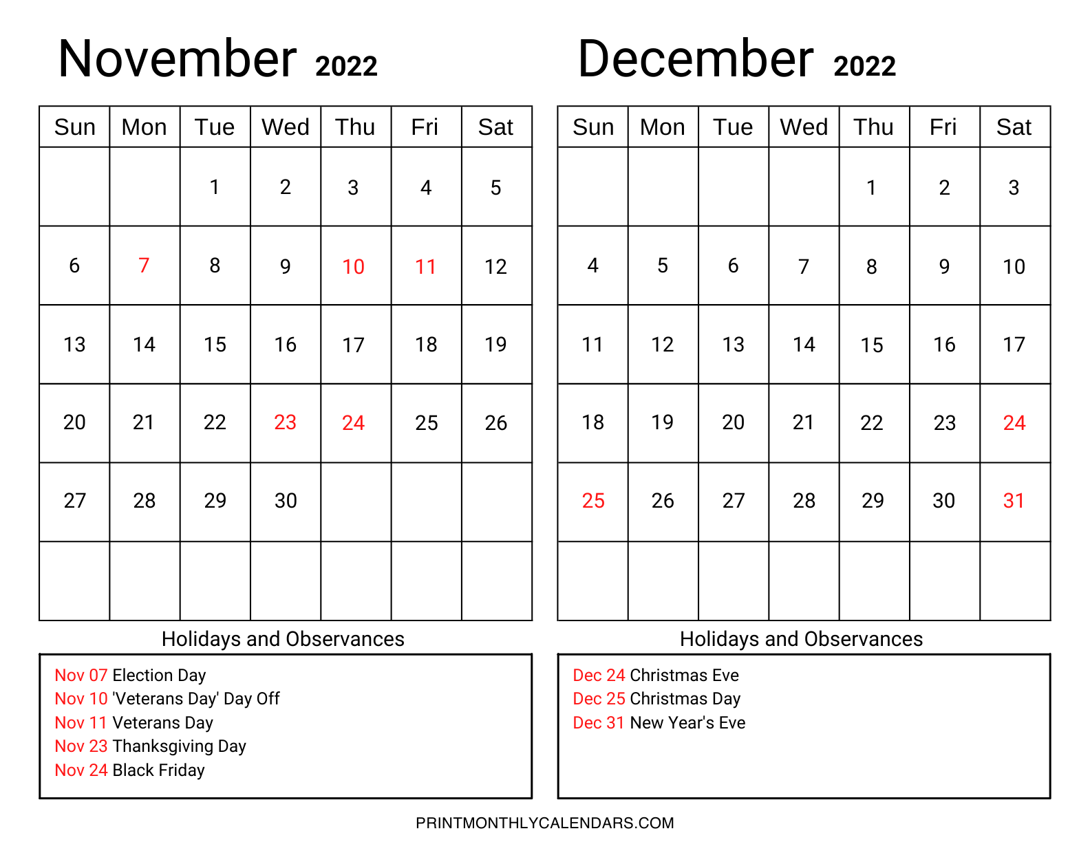 November December 2022 calendar template with United States holidays and observances list at the bottom of the grid. Both months are arranged in landscape layout on one page.