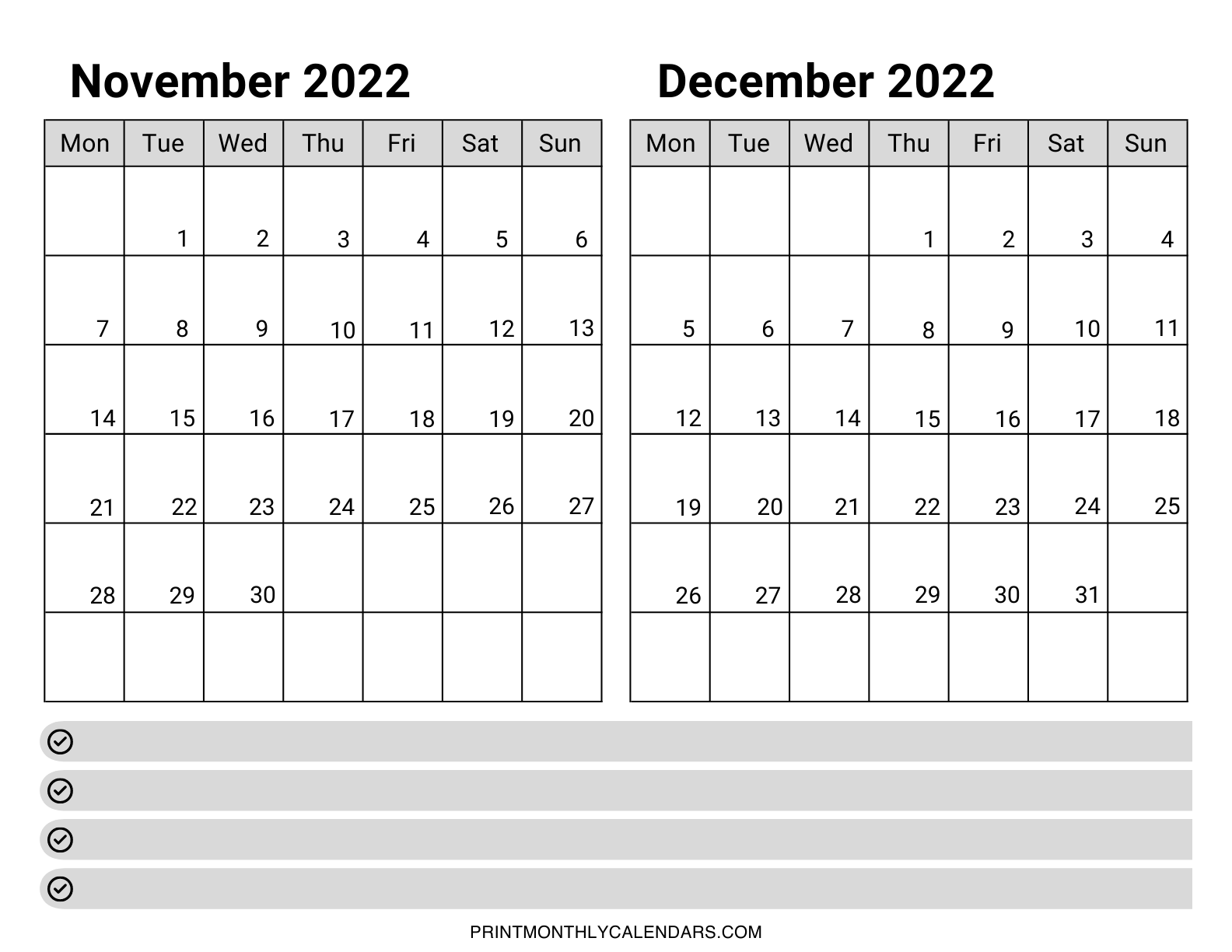 November and December 2022 calendar template has two month grids which are arranged in a landscape layout. Blank rows with checkboxes are provided at the bottom for writing down significant days, dates, events, and schedules.