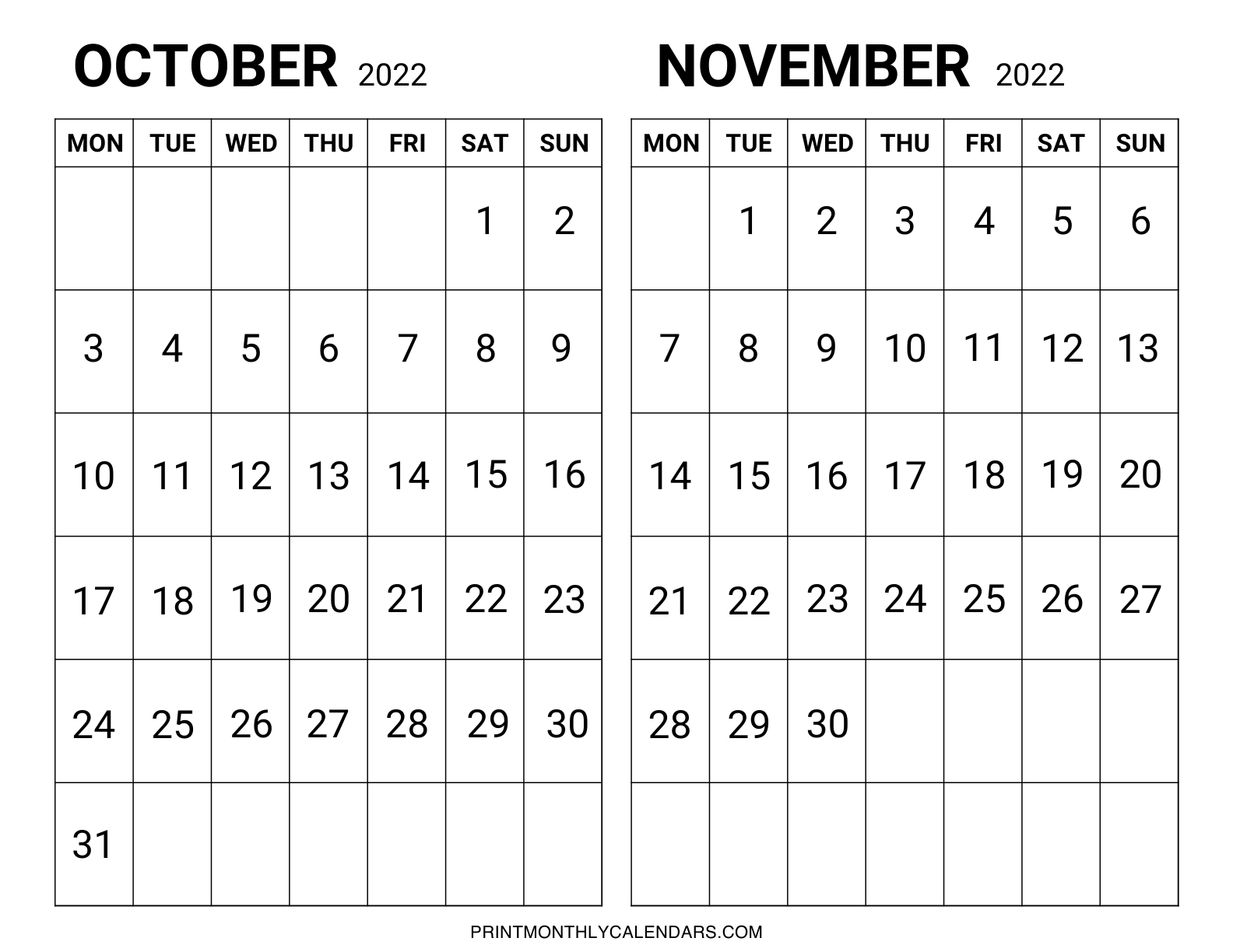October and November 2022 calendar template which has landscape layout on one page. Weekdays are starting from Monday.
