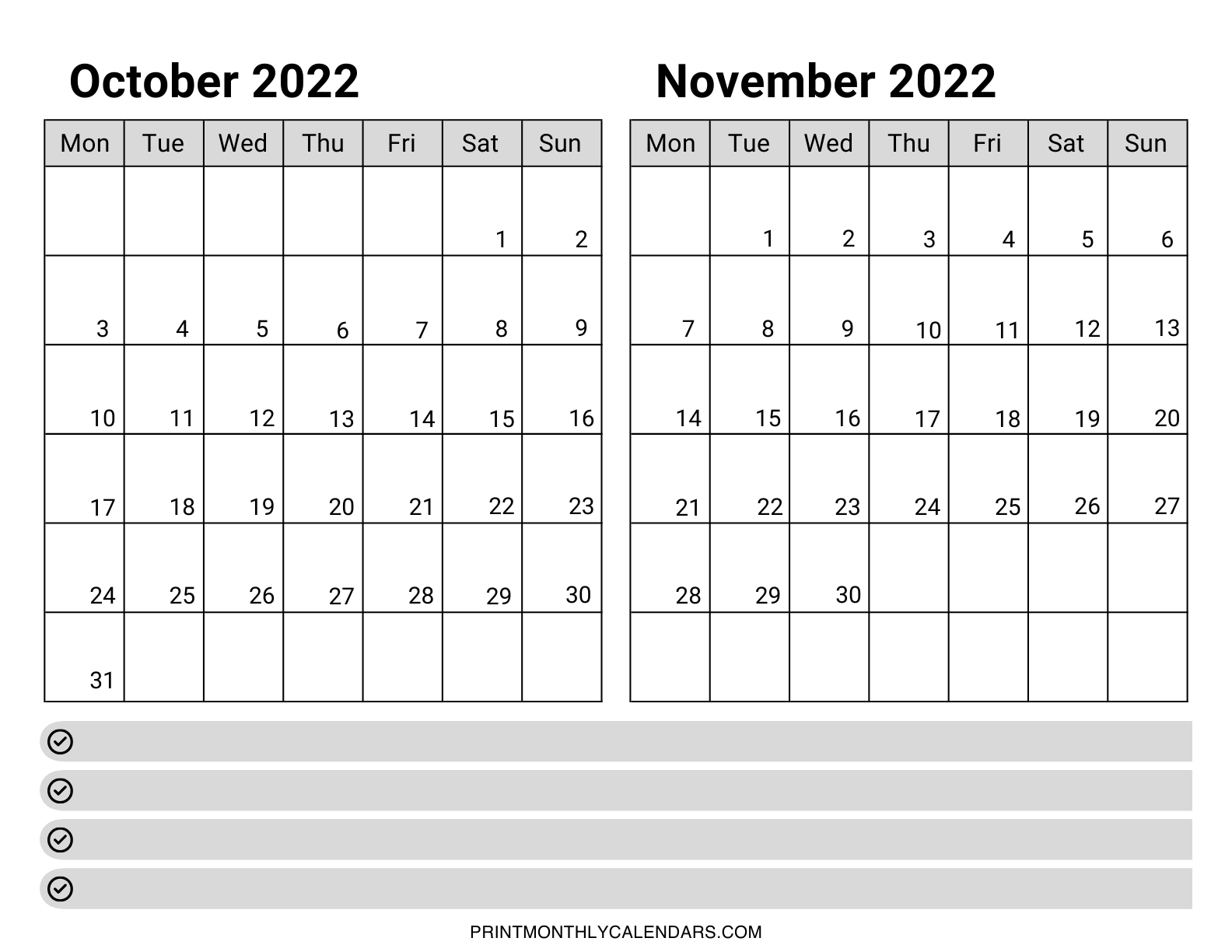 October and November 2022 notes calendar has two grids in portrait layout. Weekdays are starting from Monday instead of Sunday.