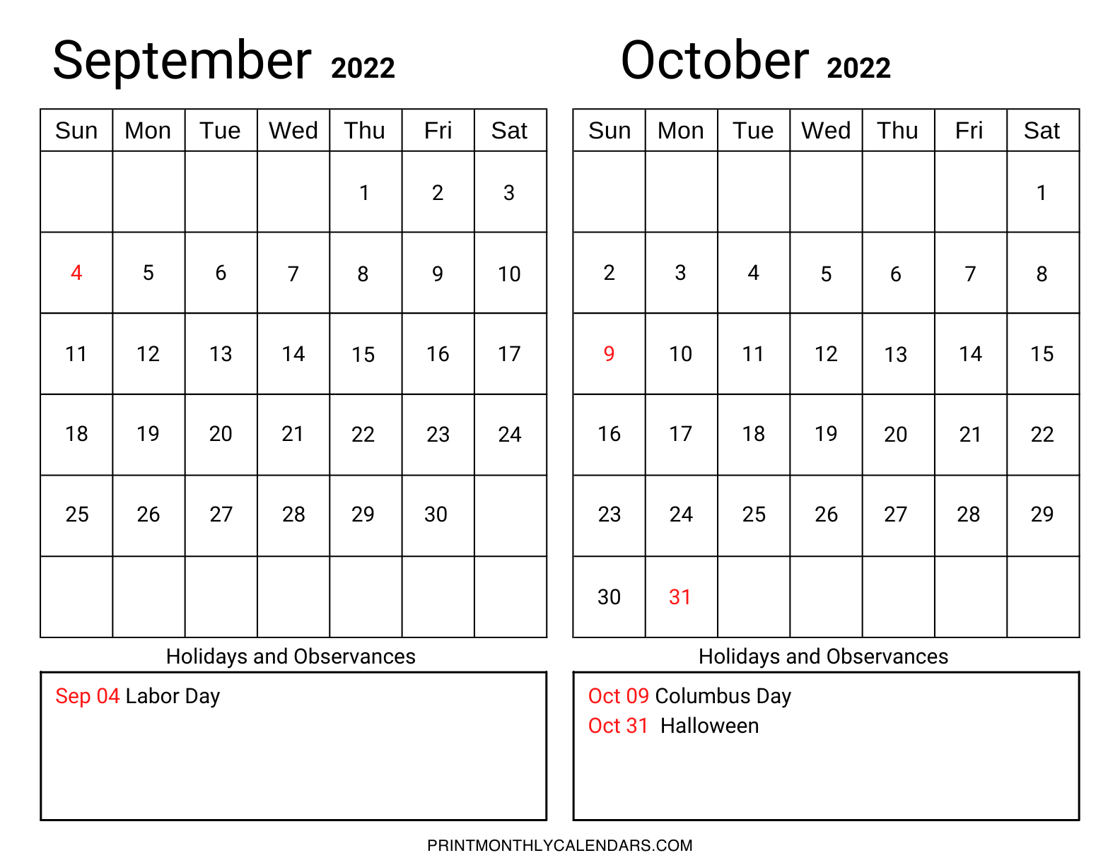 The September October 2022 calendar template is a one-pager with a landscape layout and a list of US holidays and observances written below the grid.