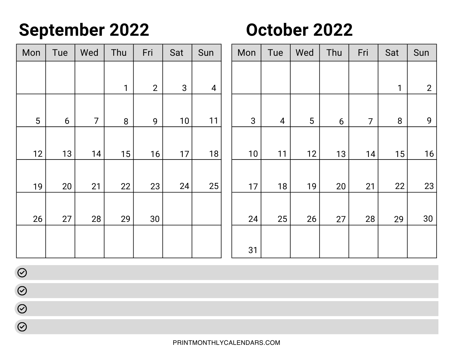 Template for September and October 2022 calendars, with weekdays starting on Monday. The monthly dates are boldly written in the grids, which are laid out in a landscape layout.