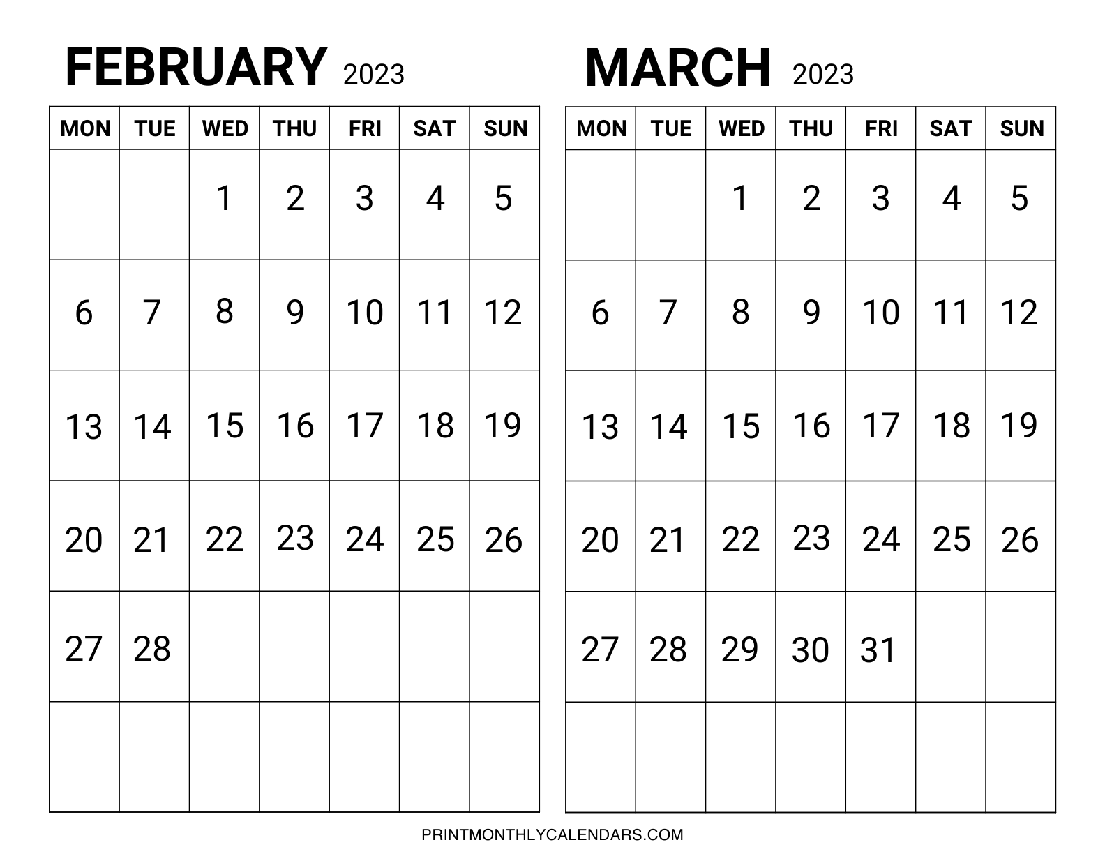 Monday Start February March 2023 Calendar template has two month grids arranged in landscape layout. Monthly dates are written in bold fonts.