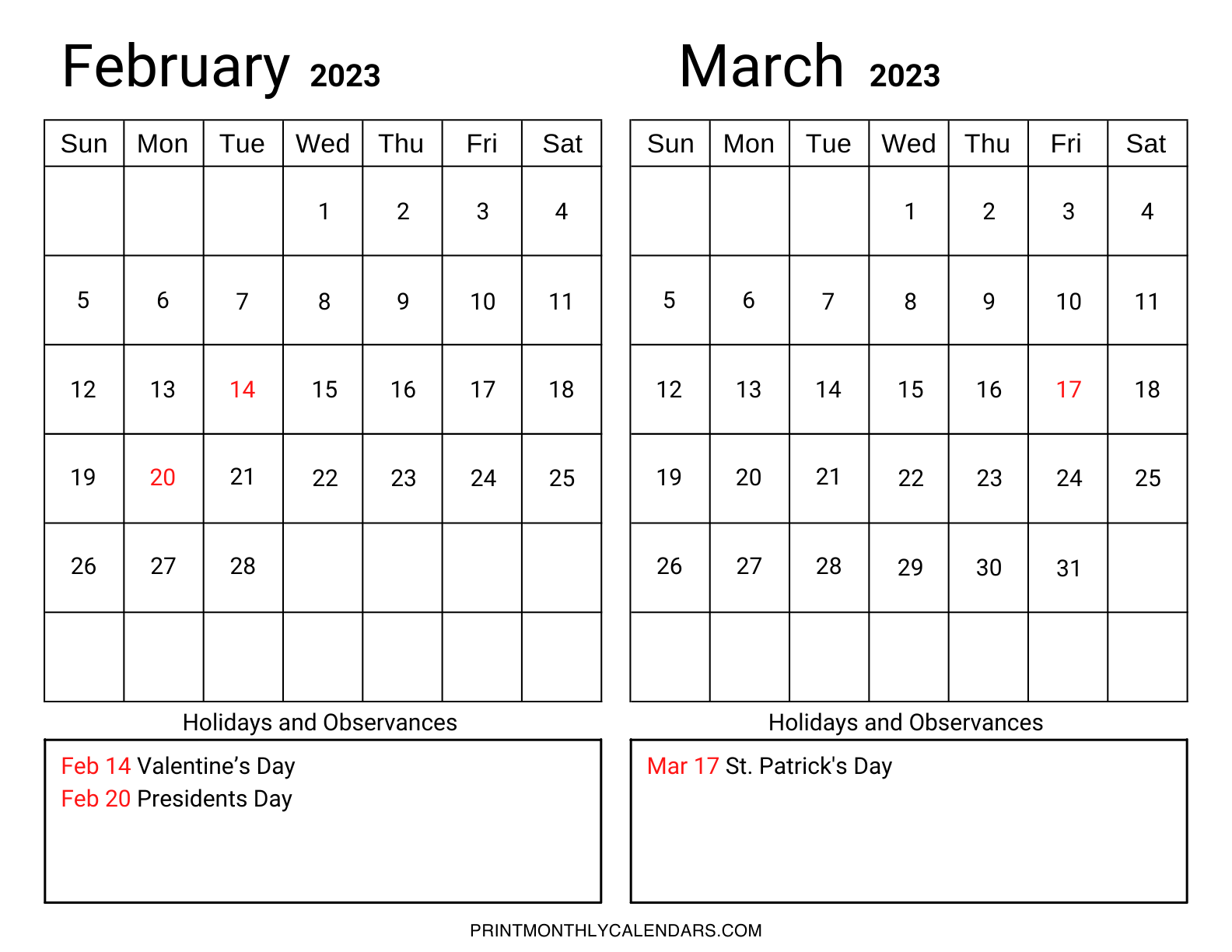 February March 2023 Calendar template with US holidays list and observances. Weekdays are starting from Sunday instead of Monday.