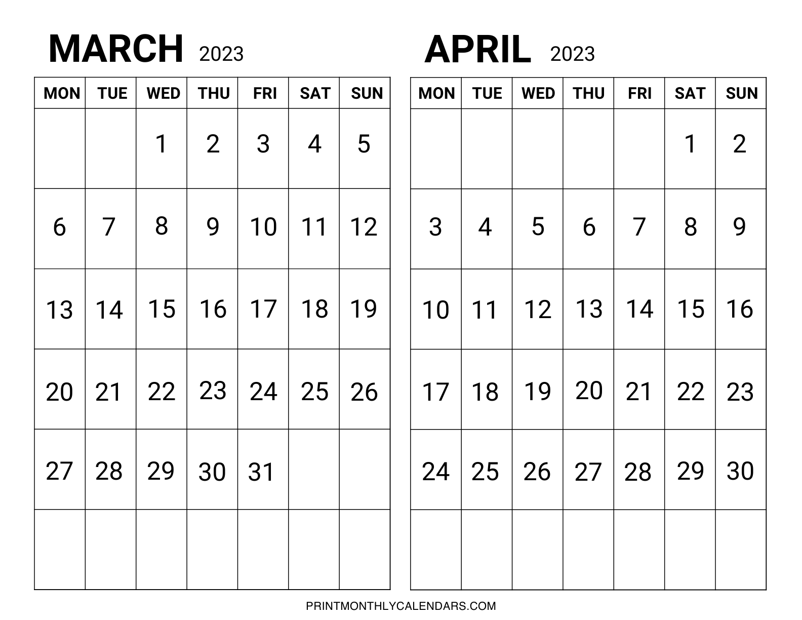 March April 2023 Calendar Monday Start template with bold monthly dates. Grids are arranged in landscape layout on one page planner template. Weekdays are starting from Monday instead of Sunday.