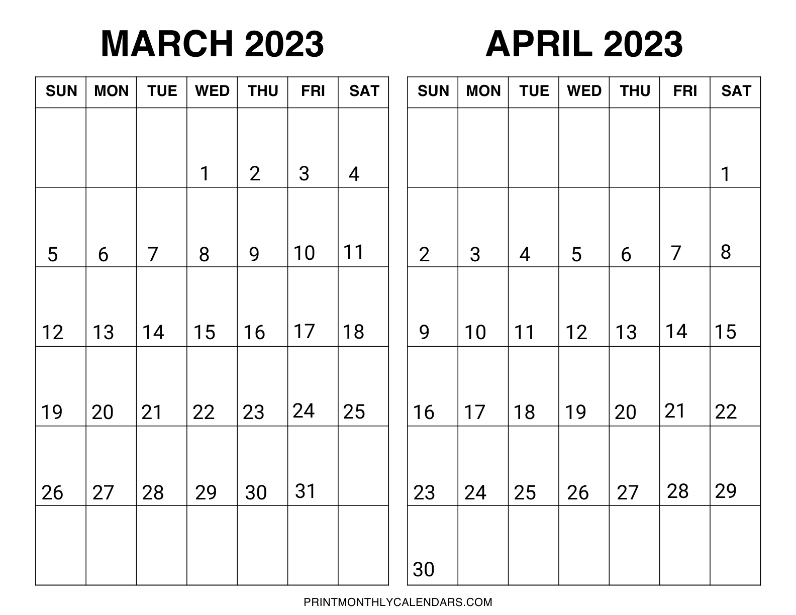 On one page, two month printable templates are arranged in a landscape layout. The March April 2023 grid is arranged with bold monthly dates. Weekdays also start on Sunday rather than Monday.