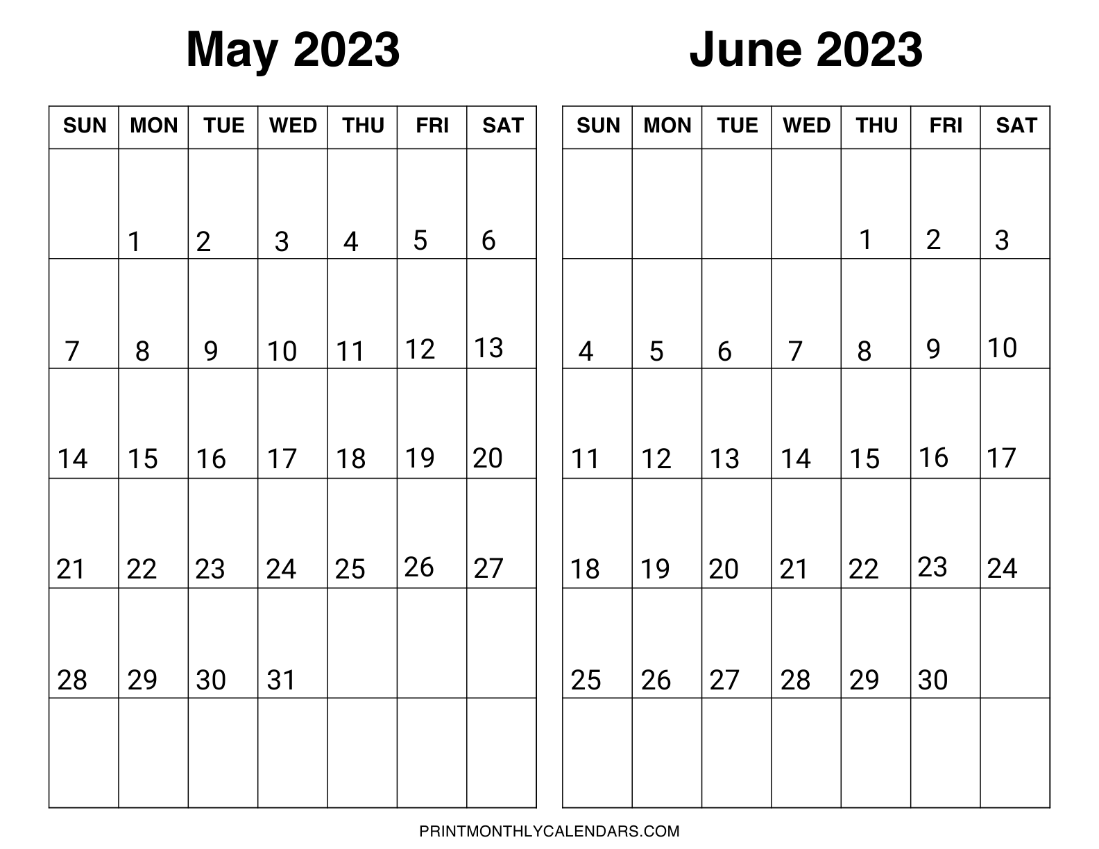 On one page, a two-month calendar template for May and June 2023 is laid out in a landscape form. With strong monthly dates, weekdays begin on Sunday.
