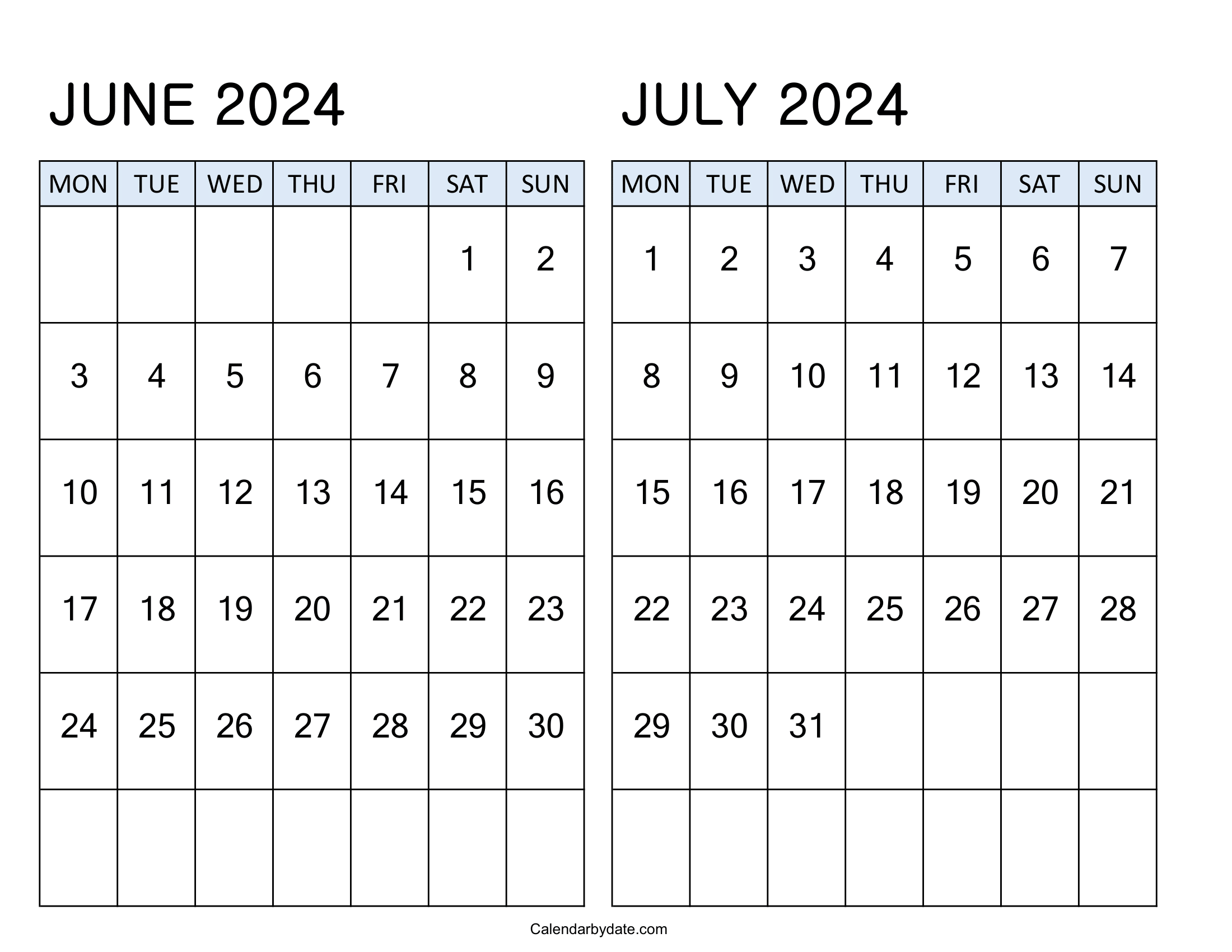 June July 2024 Calendar Monday Start June July 2024 Calendar Monday Start Template is Designed in Landscape Layout with Bold Monthly Dates. These Two Month Printable Planners are Black and White.