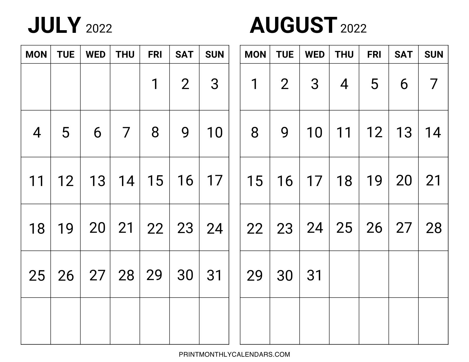 Horizontal calendar template for July and August 2022. The weekdays in the template begin on Monday, and bold monthly dates are written in the grid.