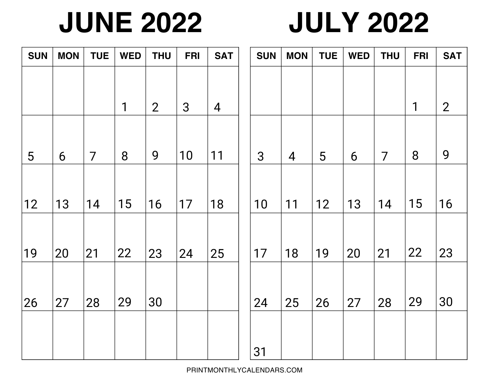 Sunday start June and July 2022 month calendar template in horizontal layout on one page. This US letter size template is designed in US letter size with bold monthly dates.