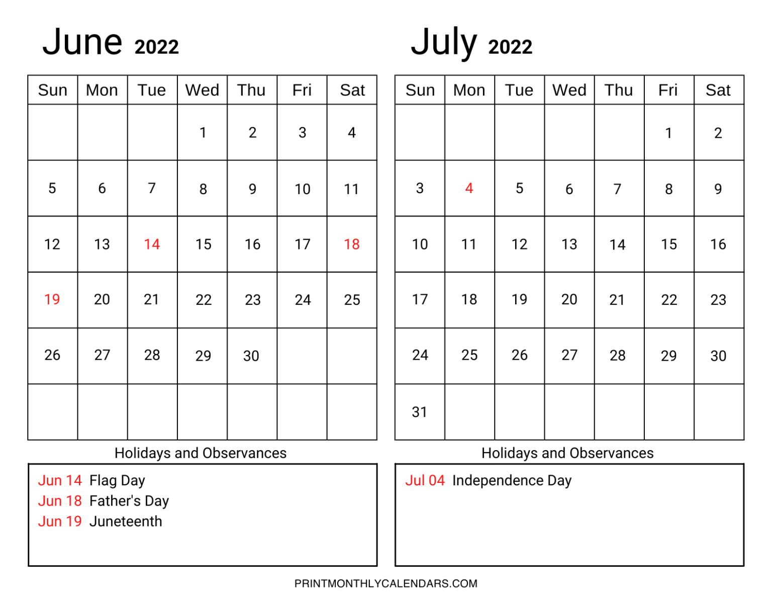 Printable June July 2022 Calendar Template with US Holidays and Notes