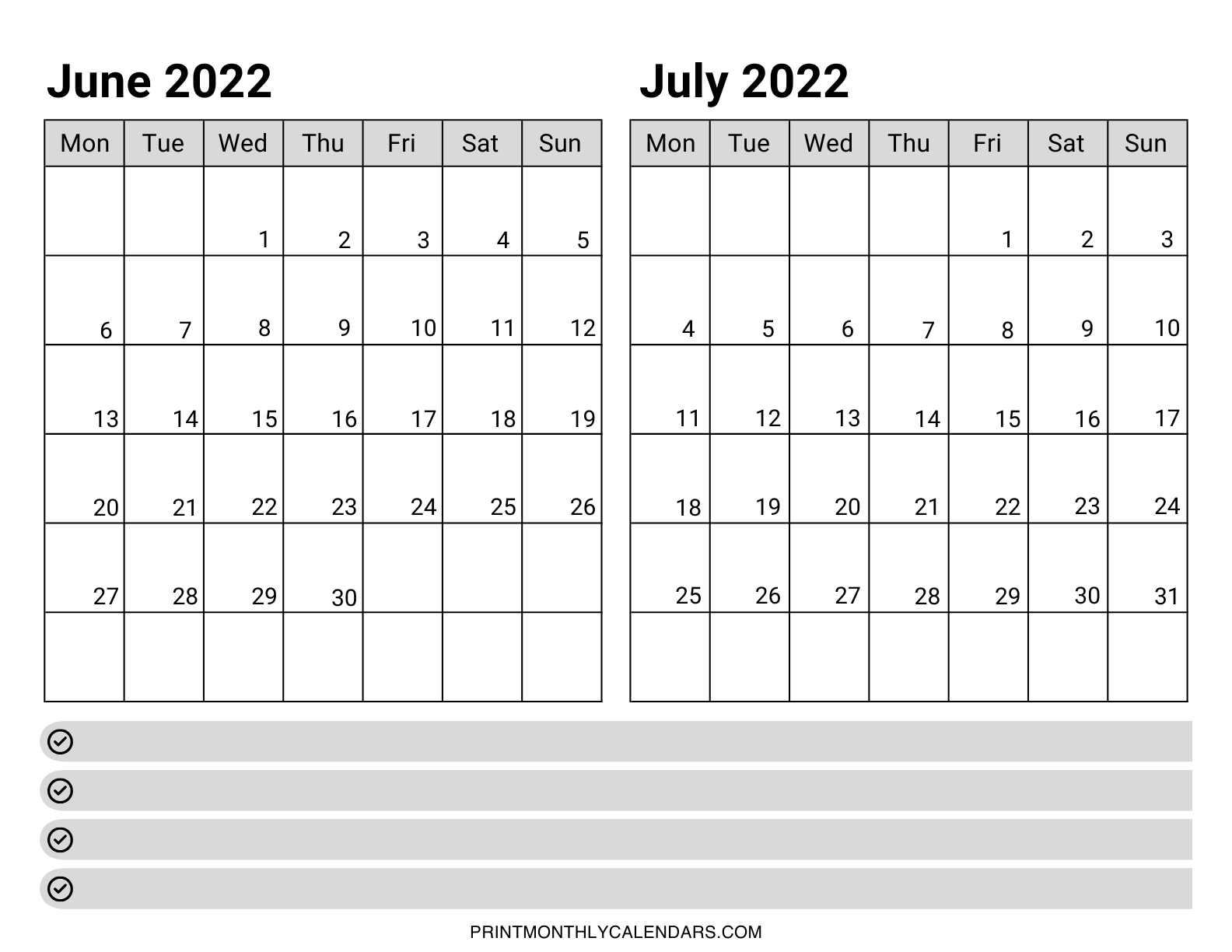 On one page, in a horizontal layout, a two-month June and July 2022 calendar template is designed. A blank notes box is provided at the bottom of the page for writing important days, dates, schedules, and events.