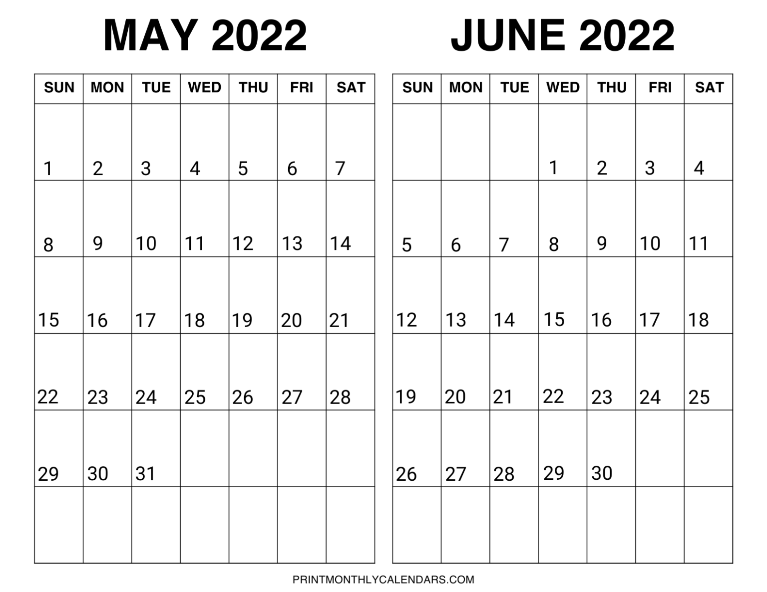 Printable May June 2022 Calendar Template Print Monthly Calendars