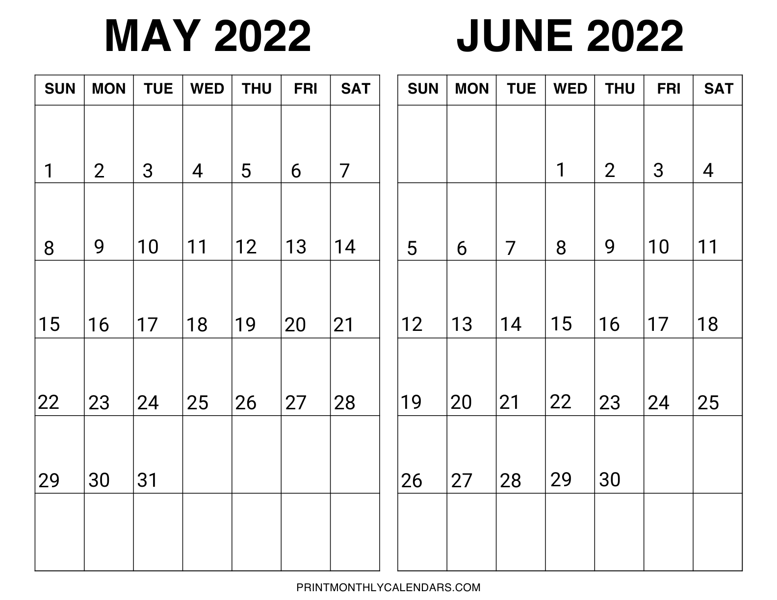 Calendar template for the months of May and June 2022, with weekdays starting from Sunday. On one page, the 2-month template has a landscape layout with bold month headings.