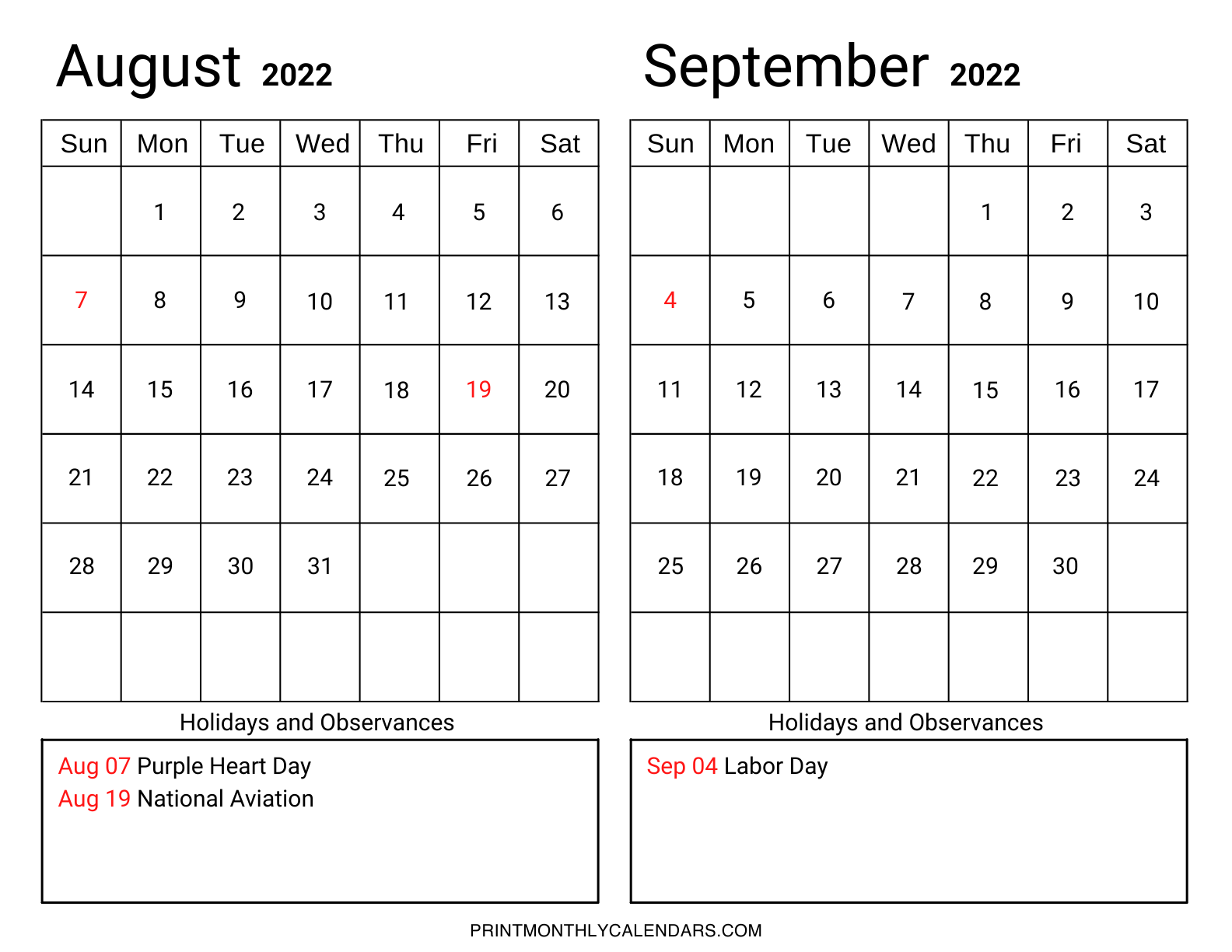Calendar of US holidays and observances for August and September 2022, with bold monthly dates in the grid. Weekdays start on Sunday in this landscape layout template, and a list of holidays is given at the bottom of the grid in red font color.
