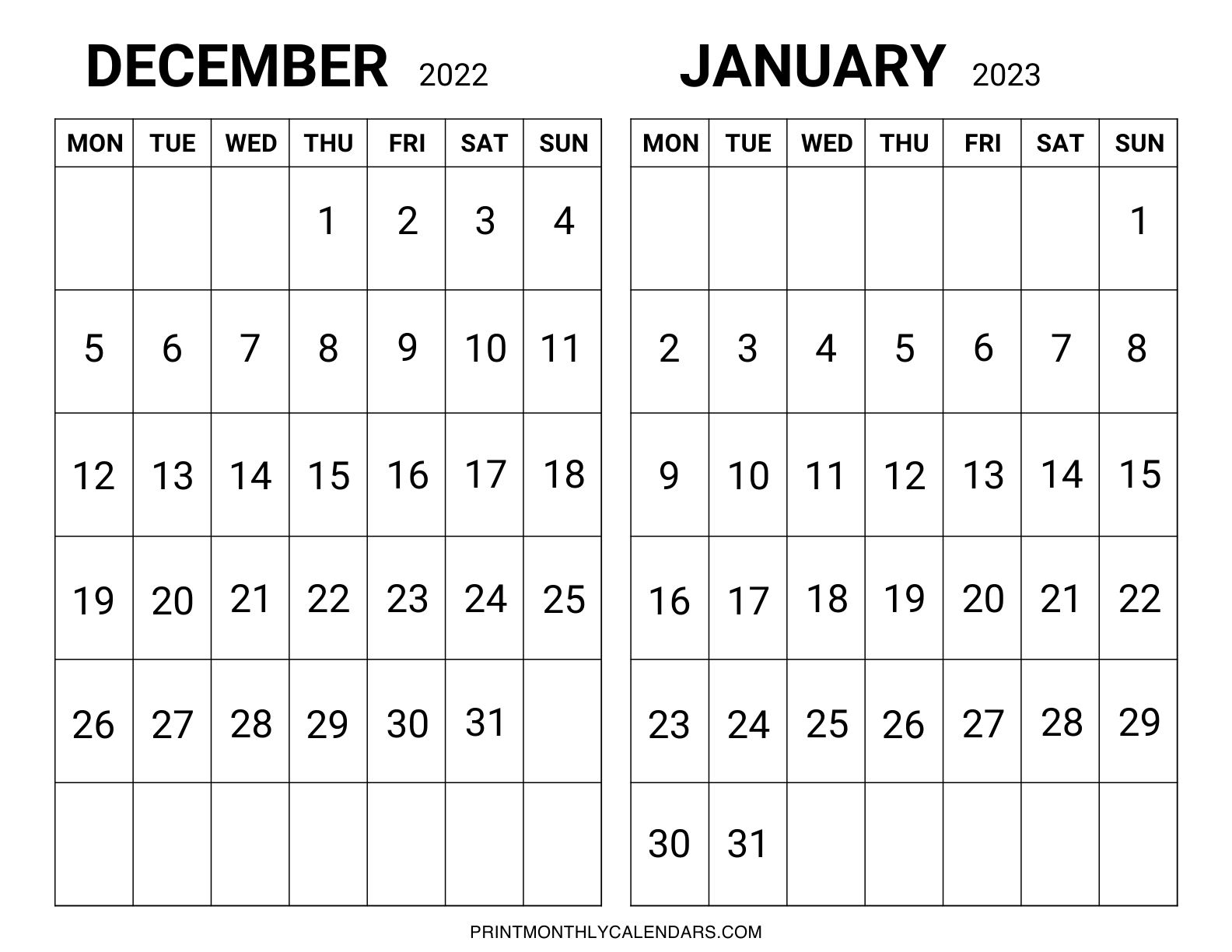 December 2022 January 2023 Calendar template has two month grids arranged in landscape layout. Both calendars are designed on one page with bold monthly dates and weekdays starting from Monday instead of Sunday.