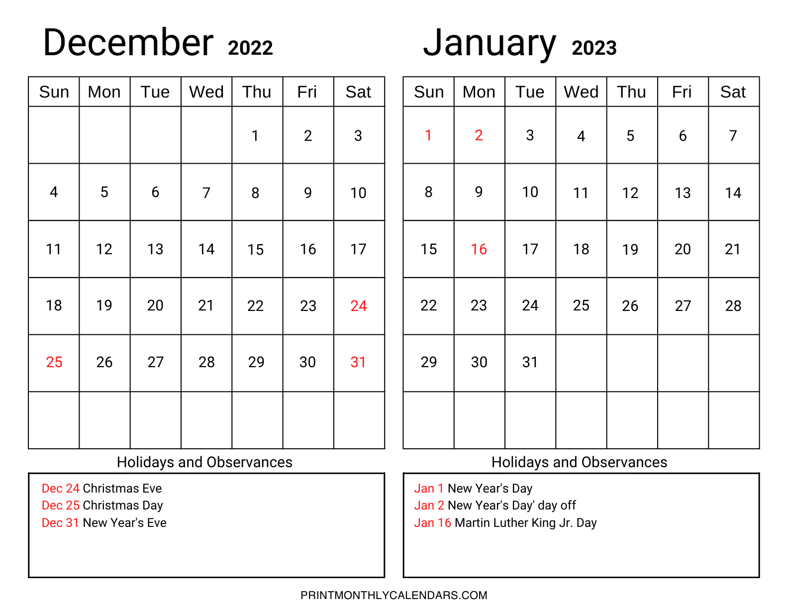 December January 2023 Holidays calendar template has two month calendar grids in landscape orientation. At the bottom of the grids, United states holidays and observances are written.