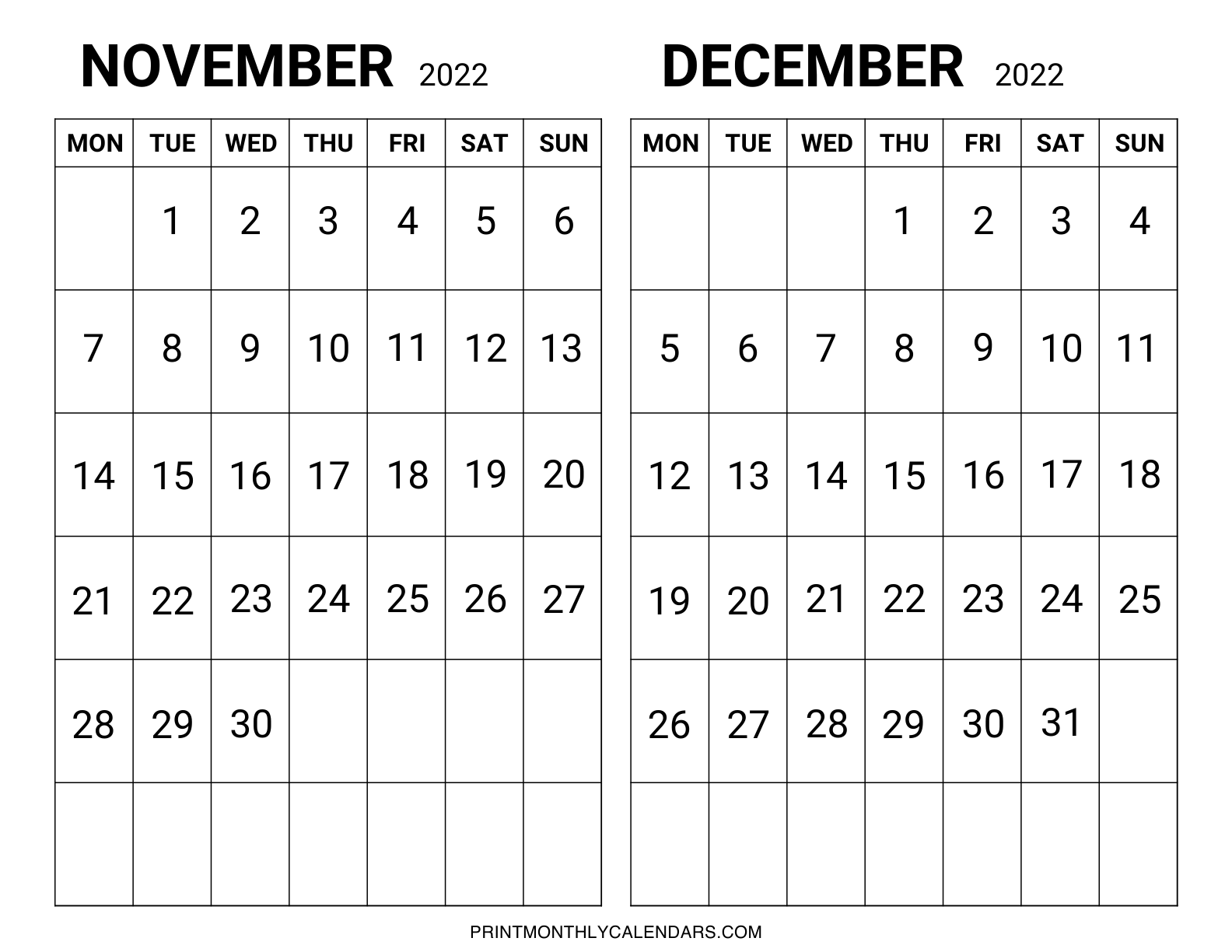 The two-month calendar template for November and December 2022 is set out in landscape format, with weekdays starting on Monday. The bold monthly dates are written in grids, with vacant space for key events to be noted.