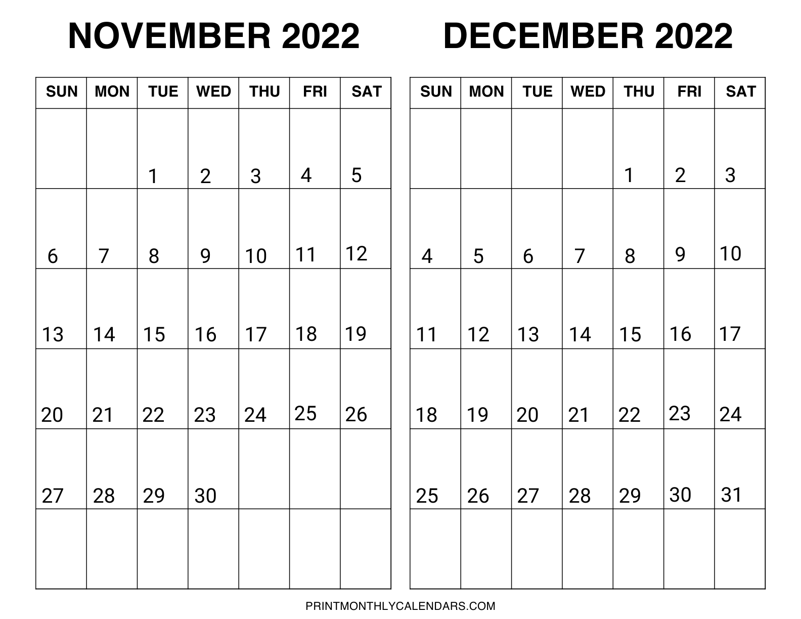 November and December 2022 calendar with weekdays starting from Sunday. Two month grids are arranged in landscape layout with bold monthly dates.