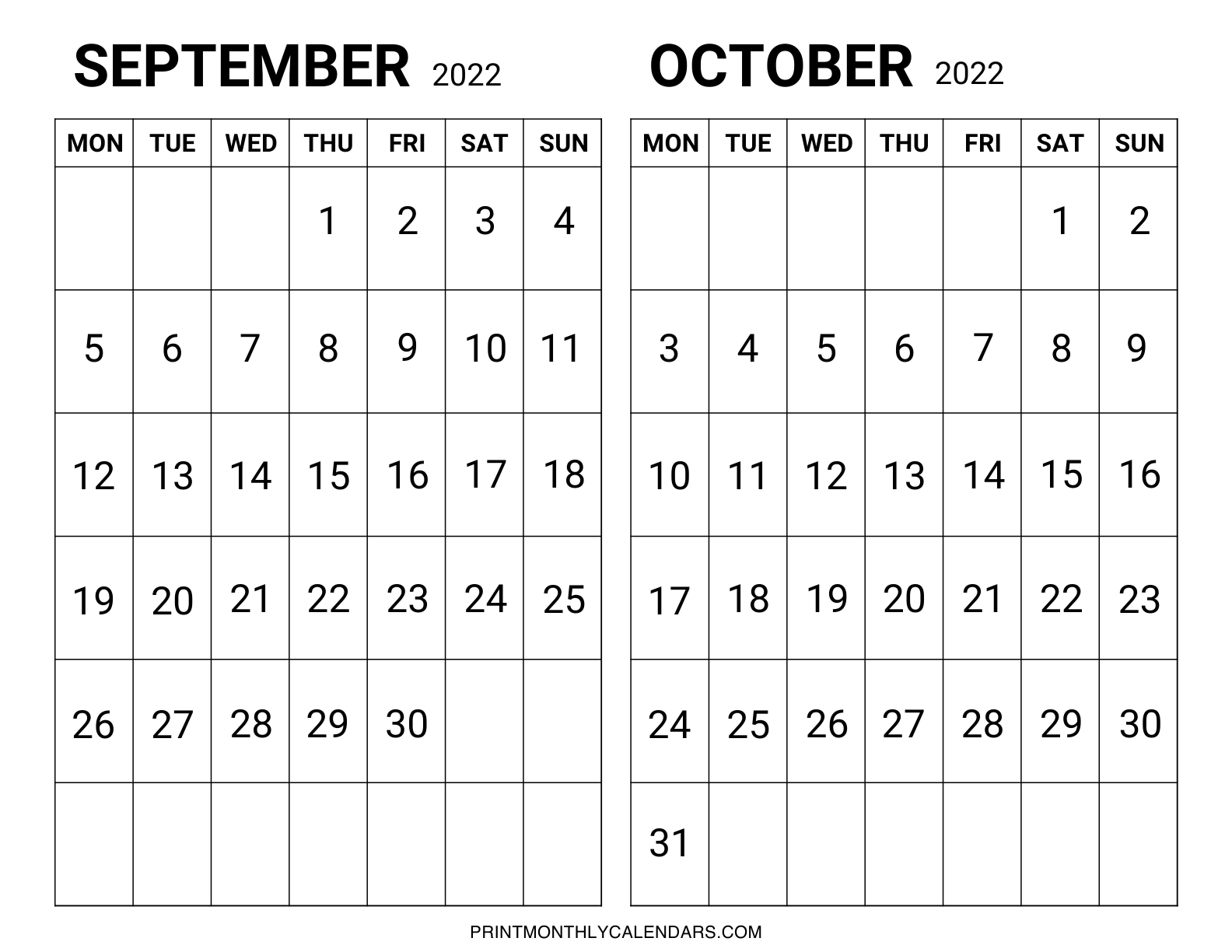 Two-month calendar for September and October 2022, with weekdays starting on Monday rather than Sunday. The calendar grids are laid up in a landscape format with bold monthly dates.