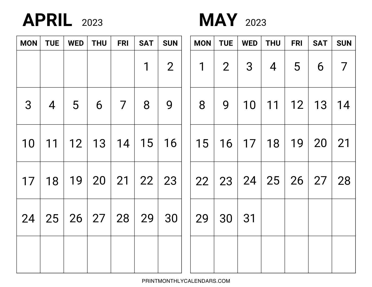 The April and May 2023 calendar template is set out in landscape style, with weekdays beginning on Monday. The bold monthly dates are printed in grids, with blank space for noting important events.
