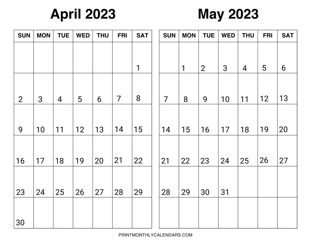 April May 2023 Calendar Template - Free Two Month Printable
