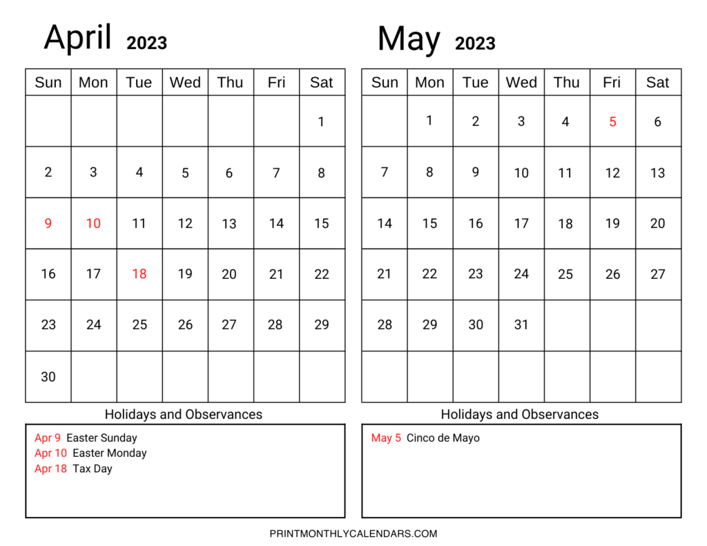 April May 2023 Calendar Template Free Two Month Printable - PELAJARAN