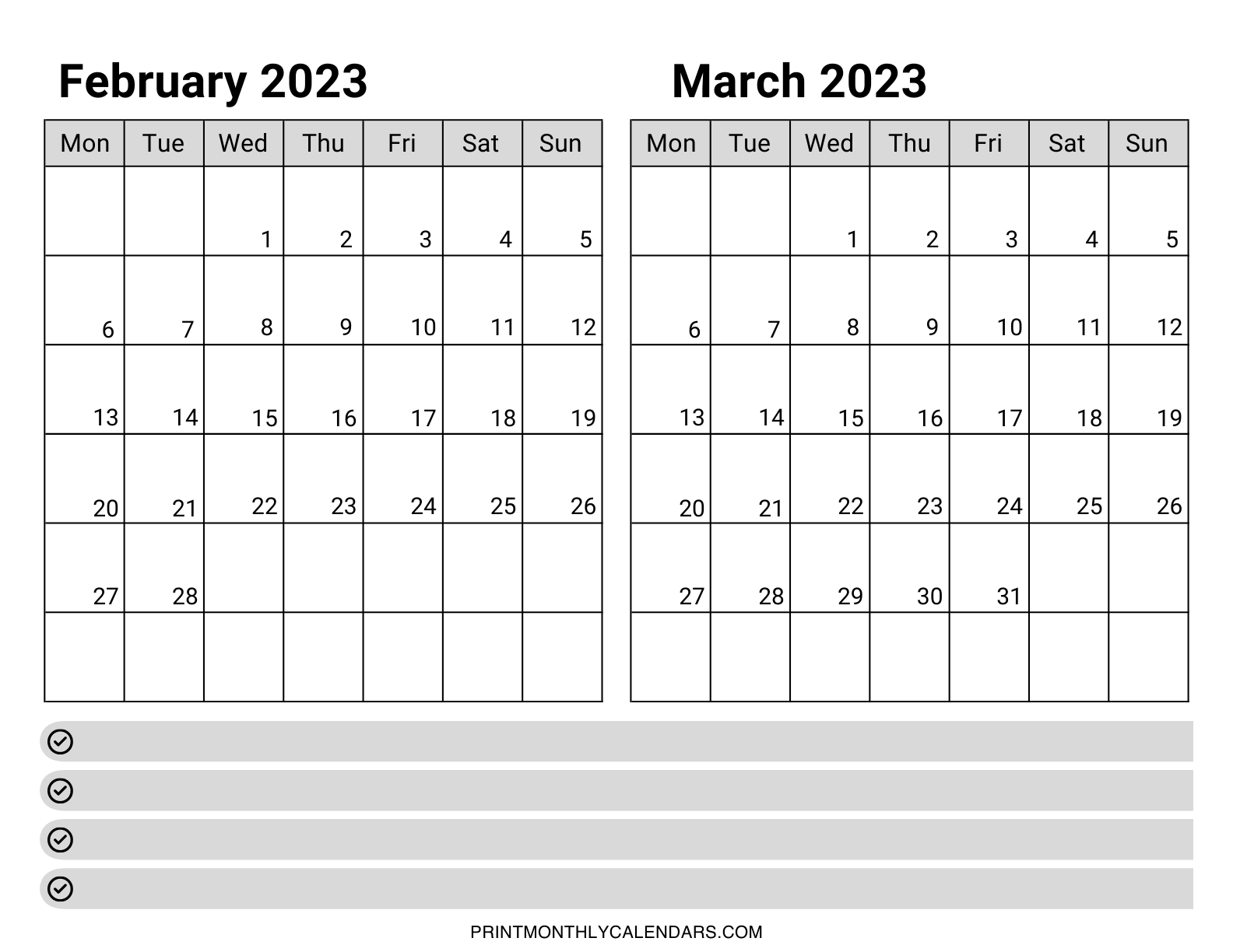 February March 2023 Calendar with blank notes section to write down important days, dates, events, schedules and meetings. Weekdays are starting from Monday.