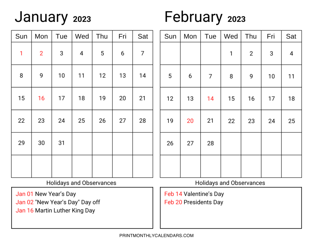 January February 2023 Calendar Template - Two Month Free Printable