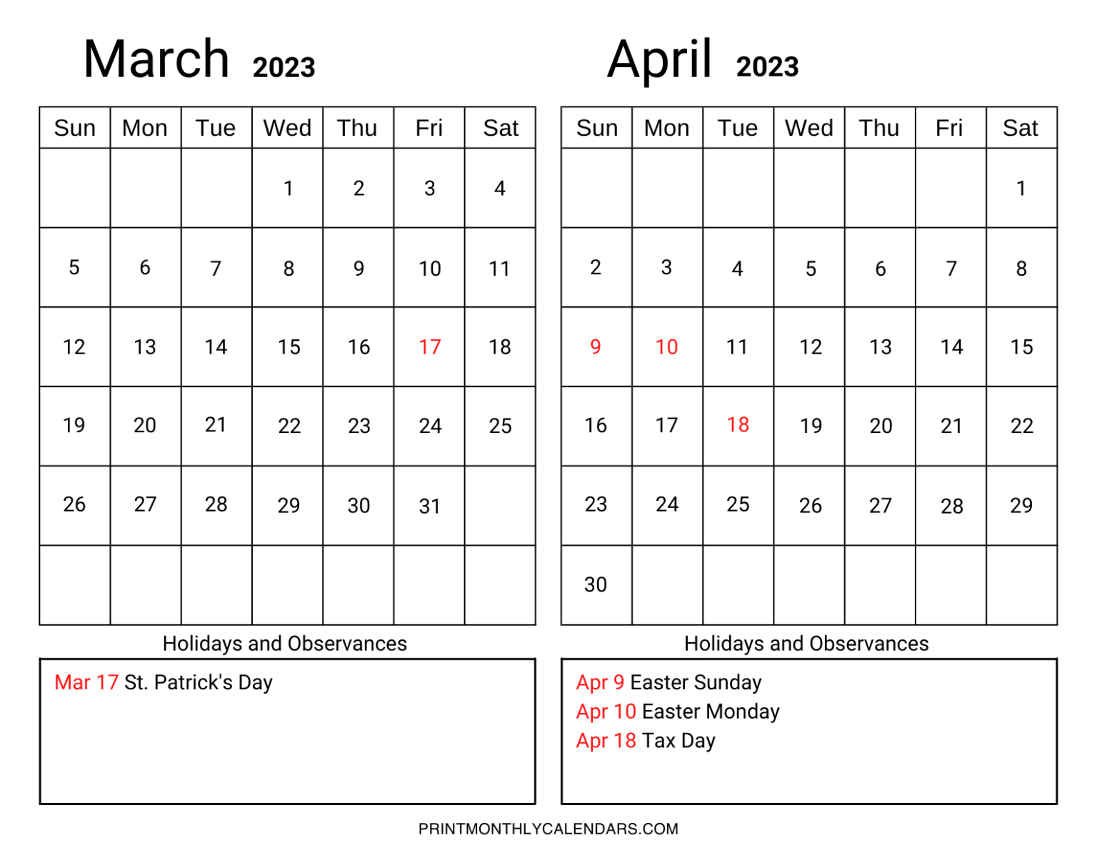 Free Printable Calendar 2023 March And April