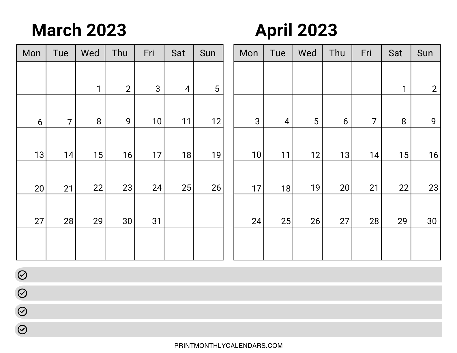 The two-month calendar template is built in a landscape layout on one page. On the left, the month of March 2023 is designed, while on the right, the month of April 2023 is designed. At the bottom of both calendar grids is a blank notes section.