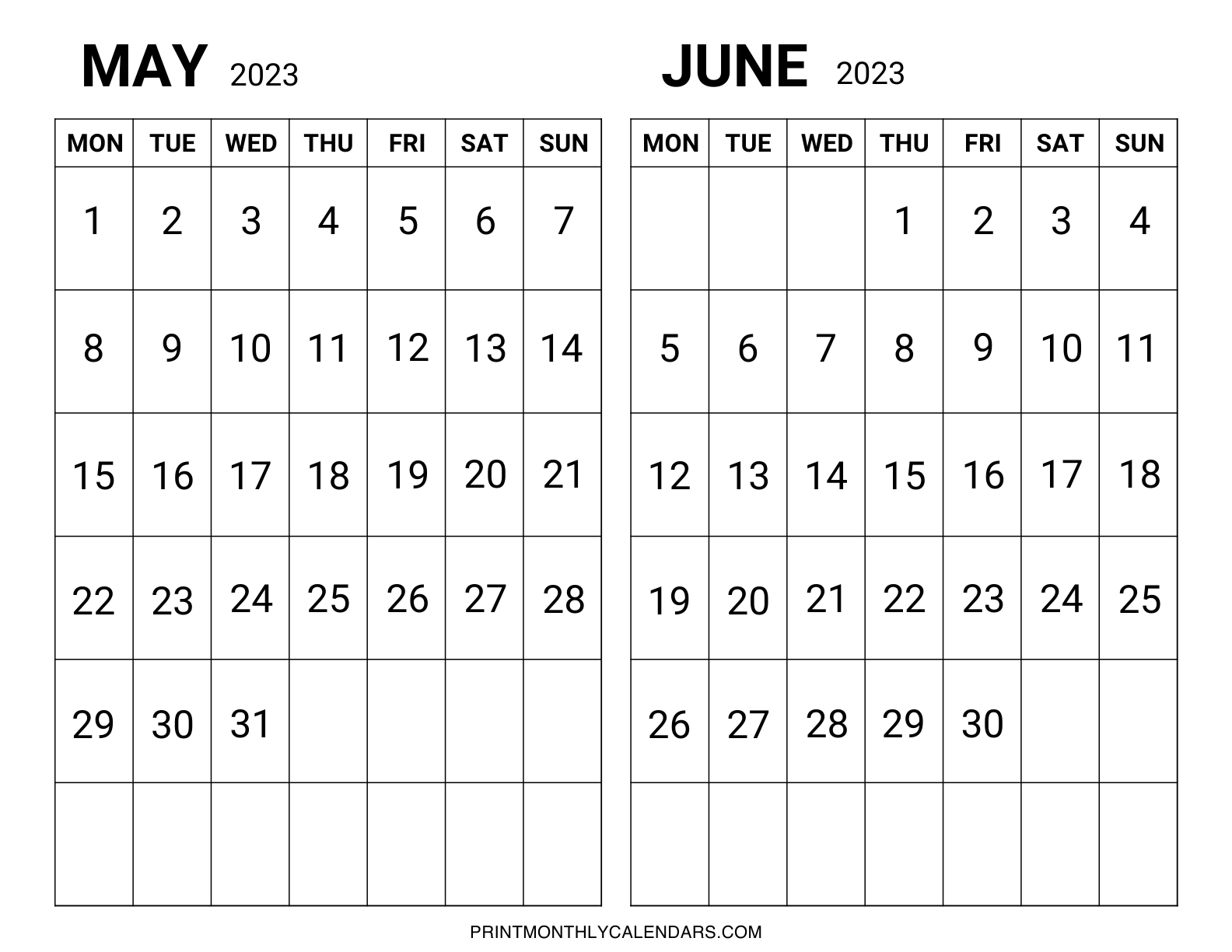 May June 2023 Calendar Template - Free Printable Two Month Planners