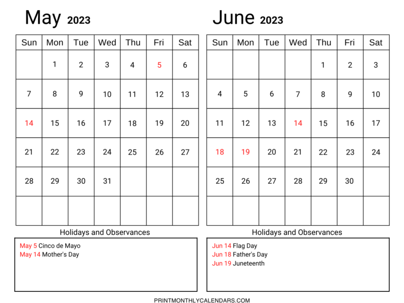 The calendar template for May and June 2023 includes a list of US holidays and observances at the bottom of the grid. On one page, both months are displayed in landscape format.
