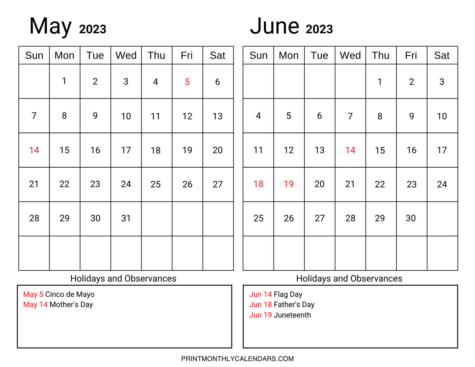 The calendar template for May and June 2023 includes a list of US holidays and observances at the bottom of the grid. On one page, both months are displayed in landscape format.