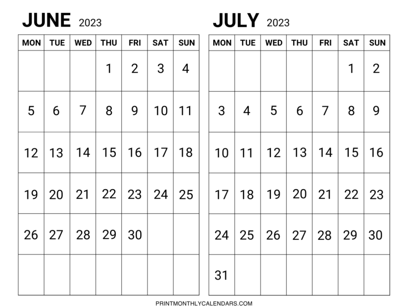 June July 2023 Calendar Monday Start June July 2023 Calendar Monday Start Template is Designed in Portrait Layout with Bold Monthly Dates. These Two Month Printable Planners are Black and White.