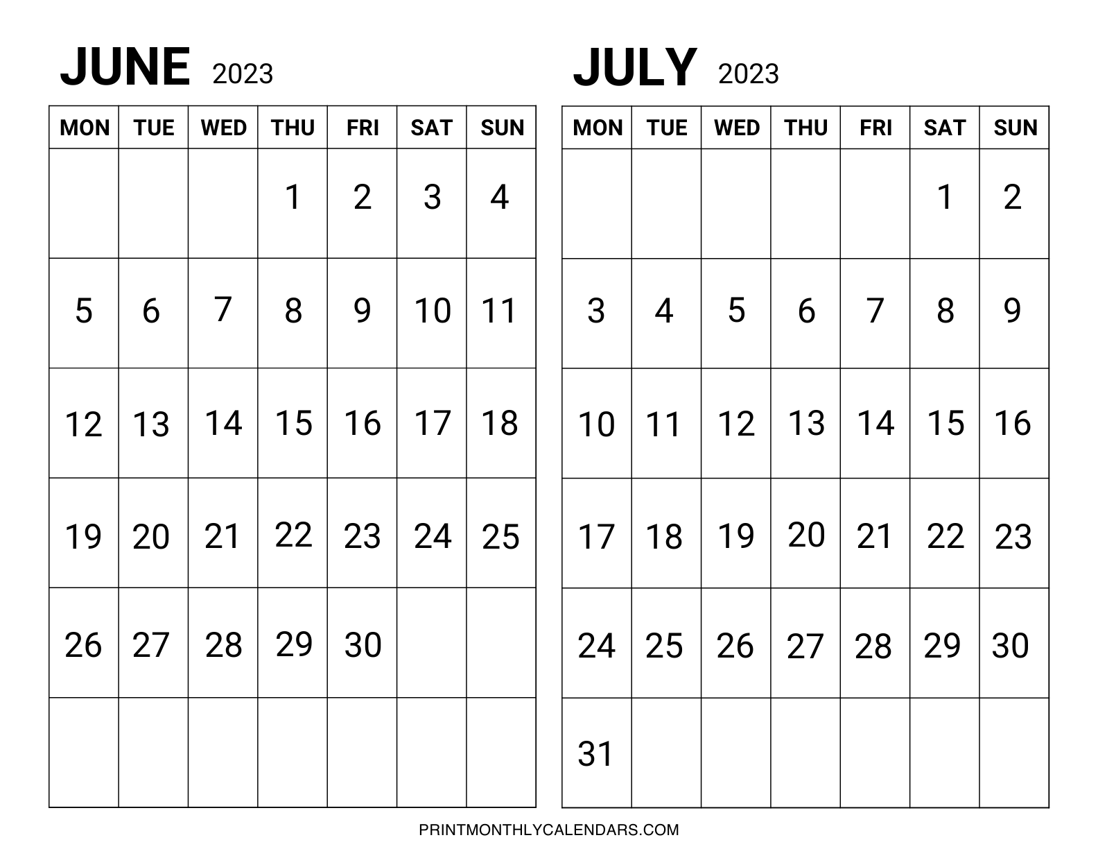 June July 2023 Calendar Printable Template Free Two Month Planner