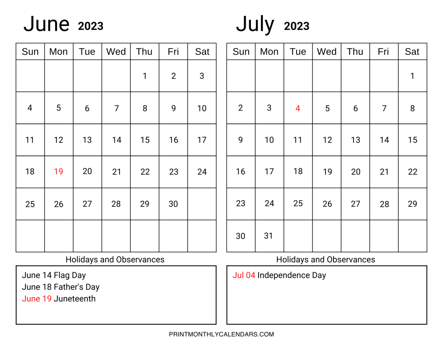 June July 2023 Calendar Printable Template - Free Two Month Planner